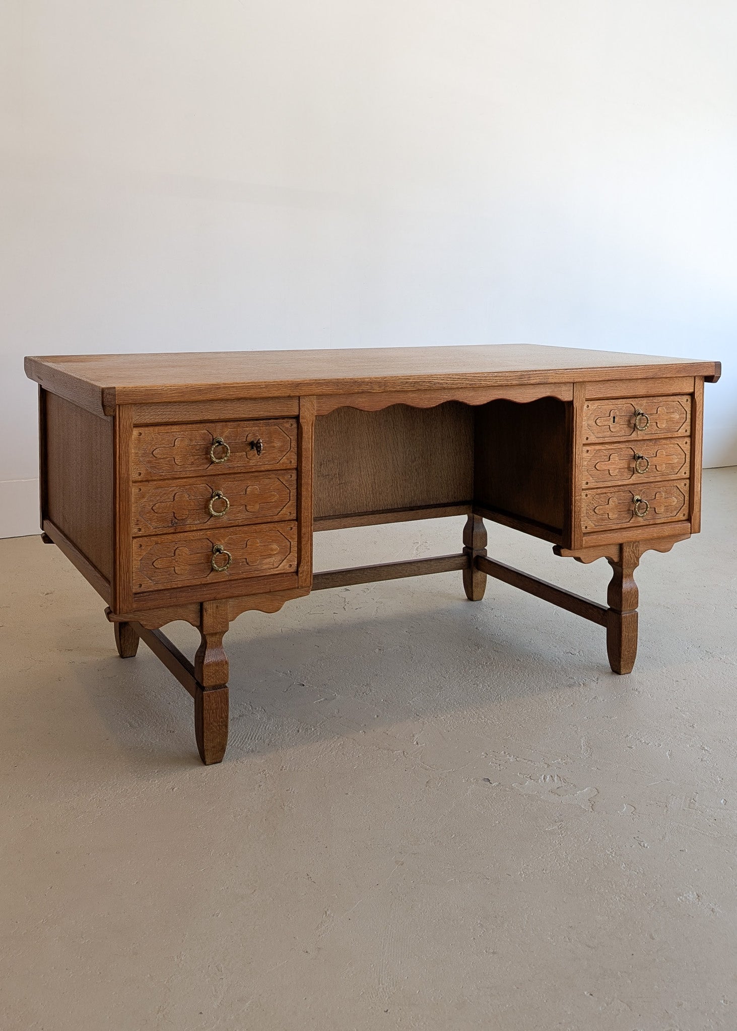 Vintage Danish Henning Kjærnulf Quartersawn White Oak Desk with Original Skeleton Key and Lockable Back Cabinet