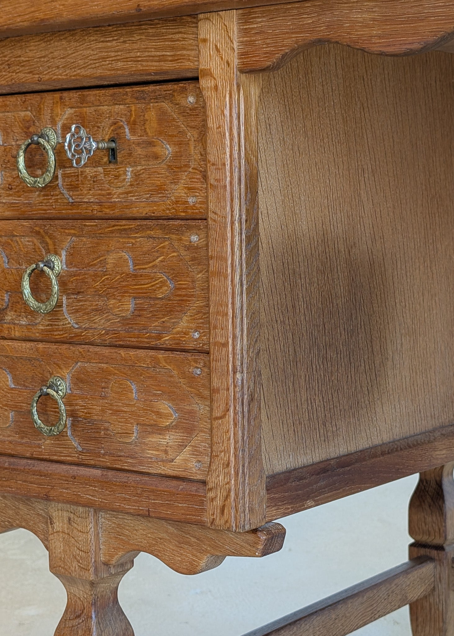 Vintage Danish Henning Kjærnulf Quartersawn White Oak Desk with Original Skeleton Key and Lockable Back Cabinet