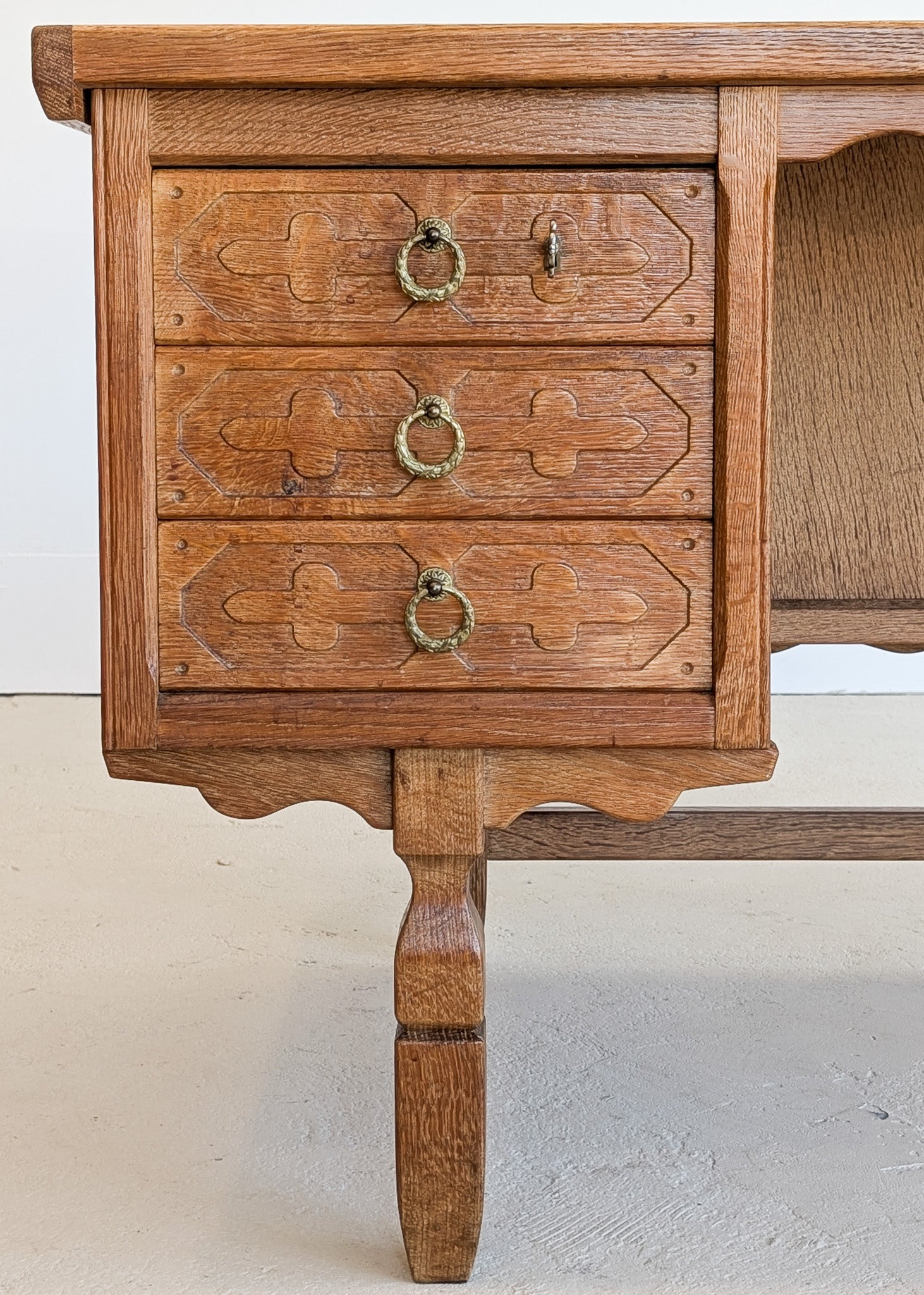 Vintage Danish Henning Kjærnulf Quartersawn White Oak Desk with Original Skeleton Key and Lockable Back Cabinet