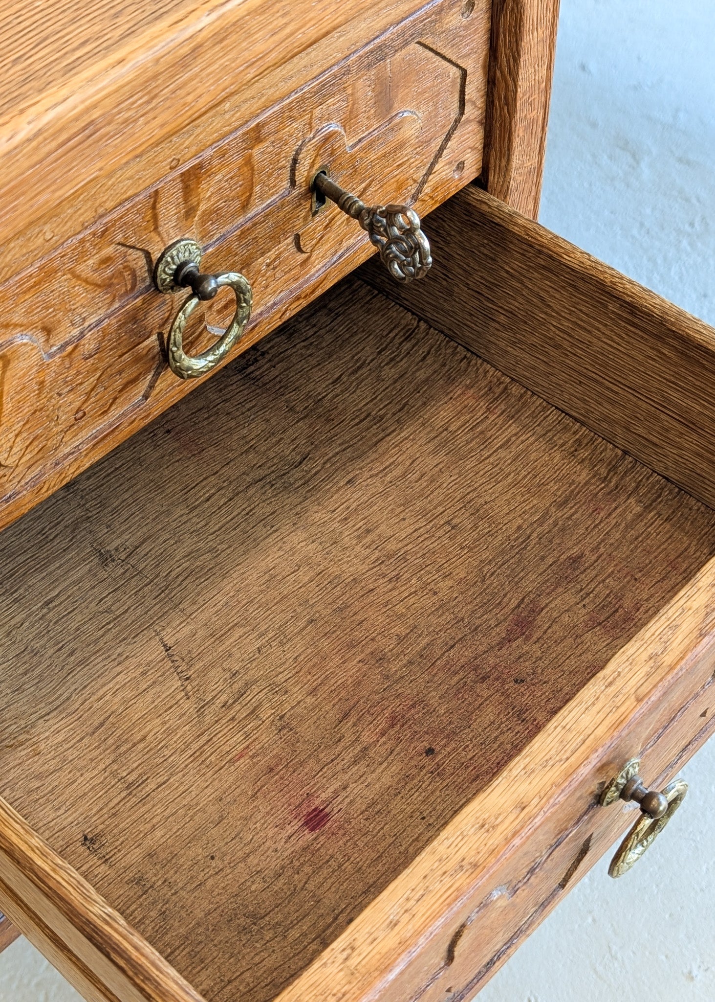 Vintage Danish Henning Kjærnulf Quartersawn White Oak Desk with Original Skeleton Key and Lockable Back Cabinet