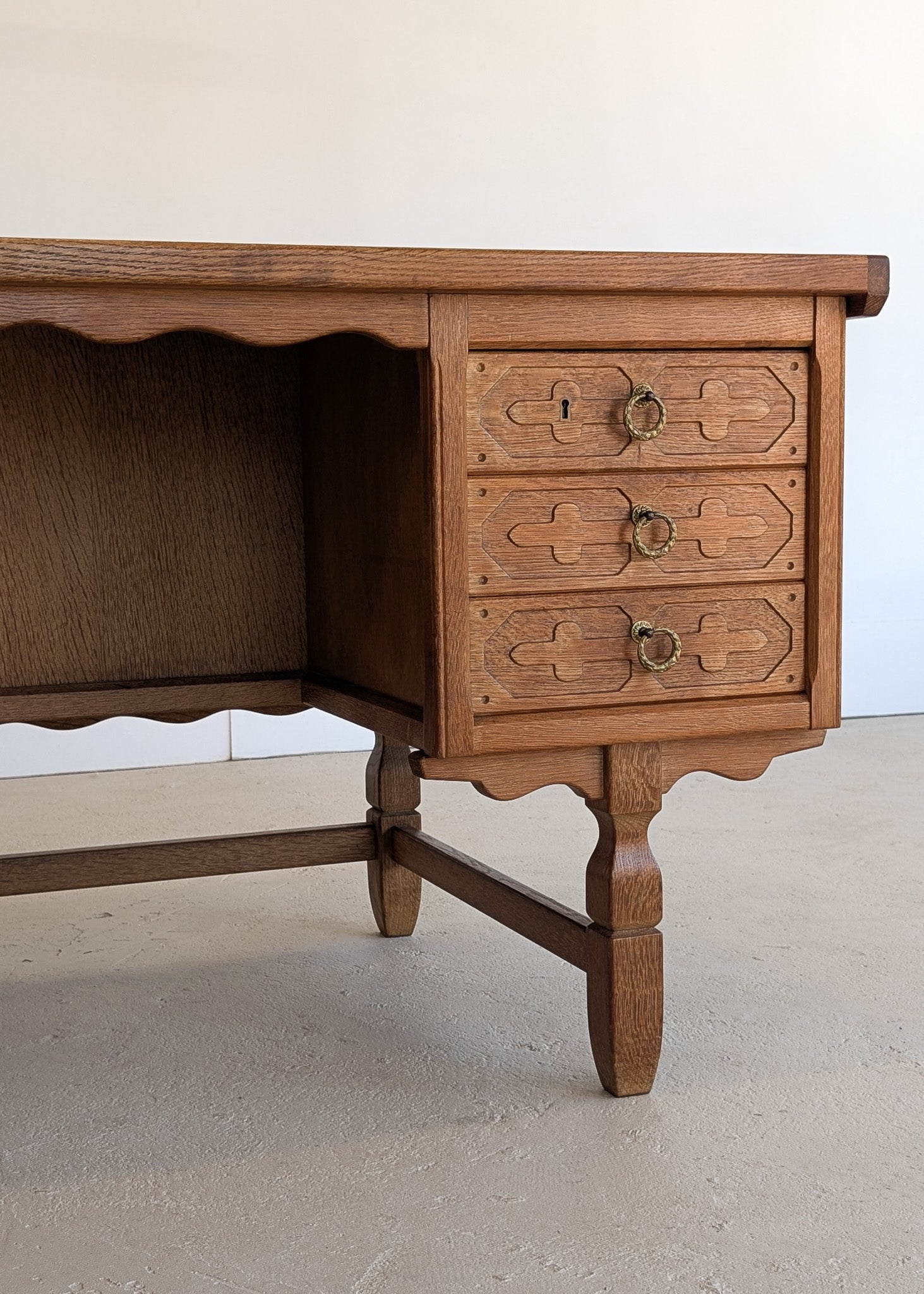 Vintage Danish Henning Kjærnulf Quartersawn White Oak Desk with Original Skeleton Key and Lockable Back Cabinet