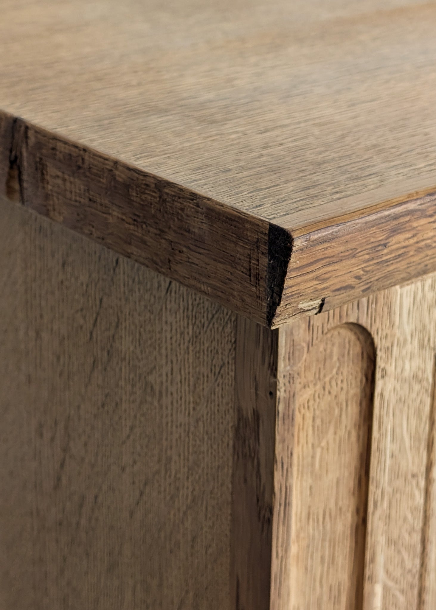 Vintage Midcentury Danish Henning Kjærnulf-Attributed Tall Oak Sideboard Cabinet with Carved Sliding Doors