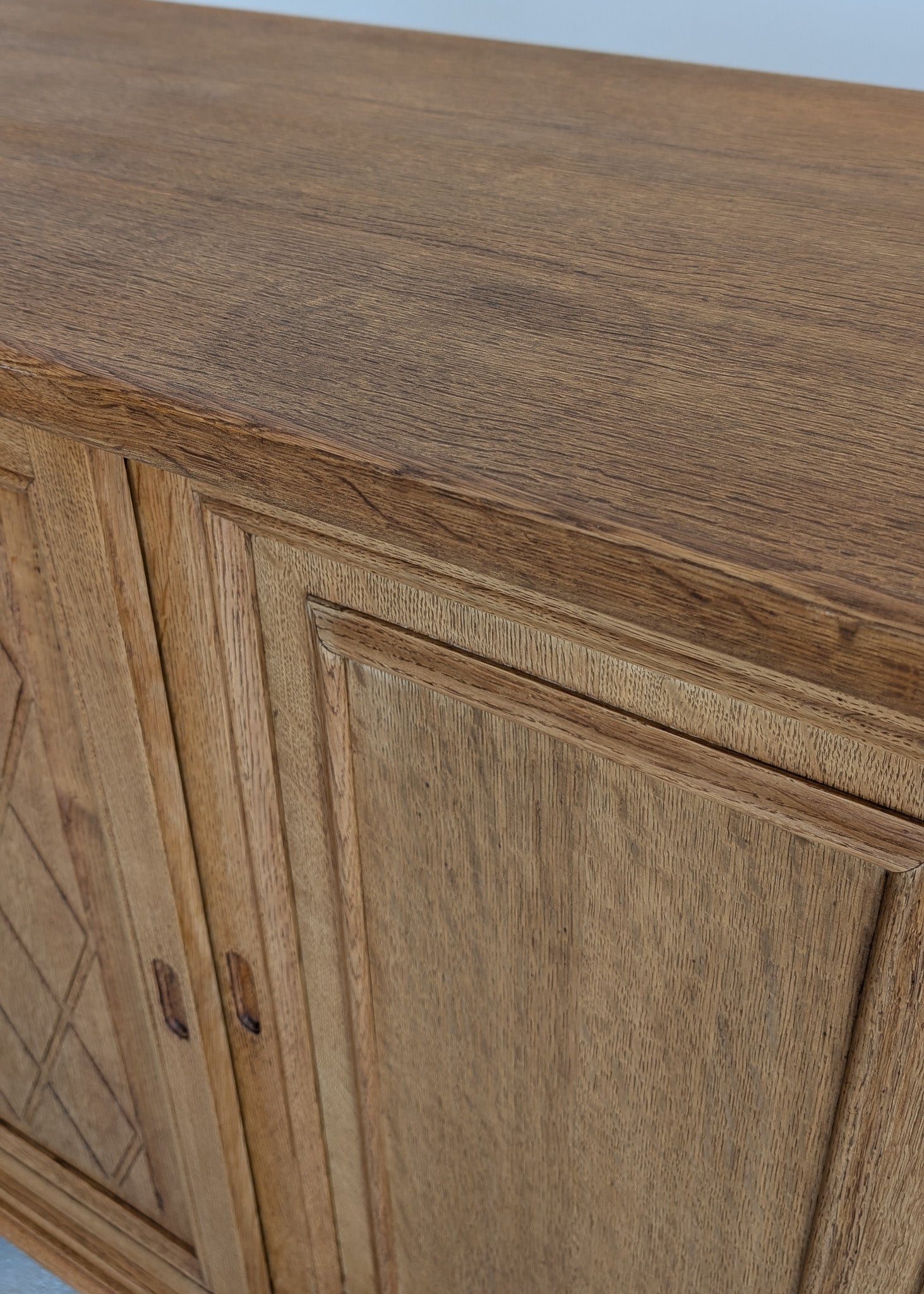 Vintage Midcentury Danish Henning Kjærnulf-Attributed Tall Oak Sideboard Cabinet with Carved Sliding Doors