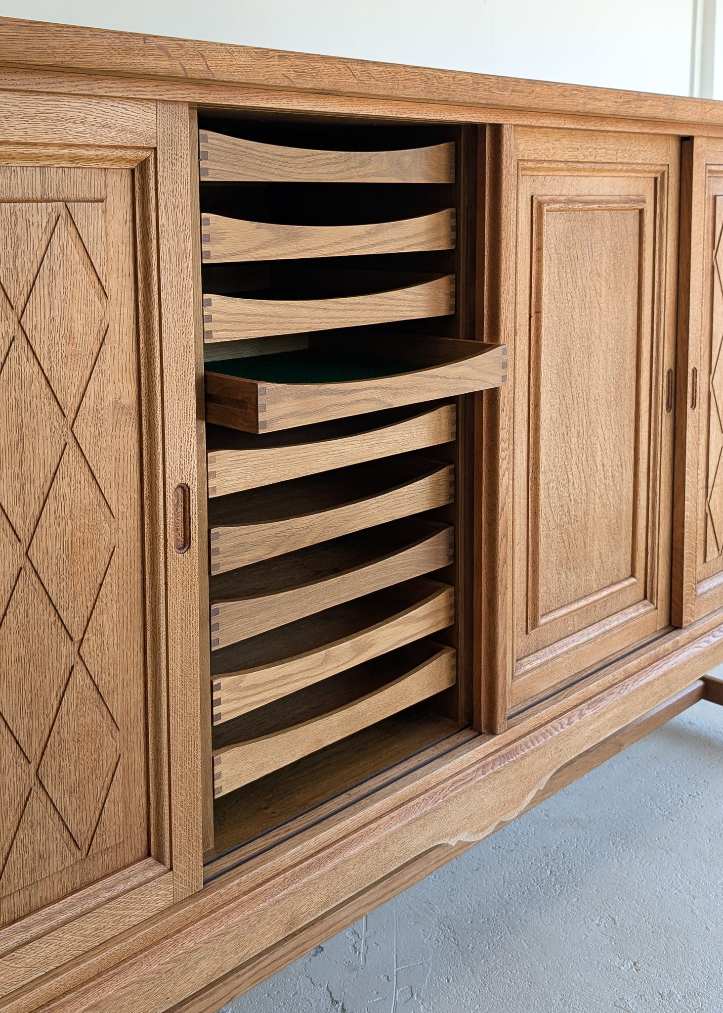 Vintage Midcentury Danish Henning Kjærnulf-Attributed Tall Oak Sideboard Cabinet with Carved Sliding Doors