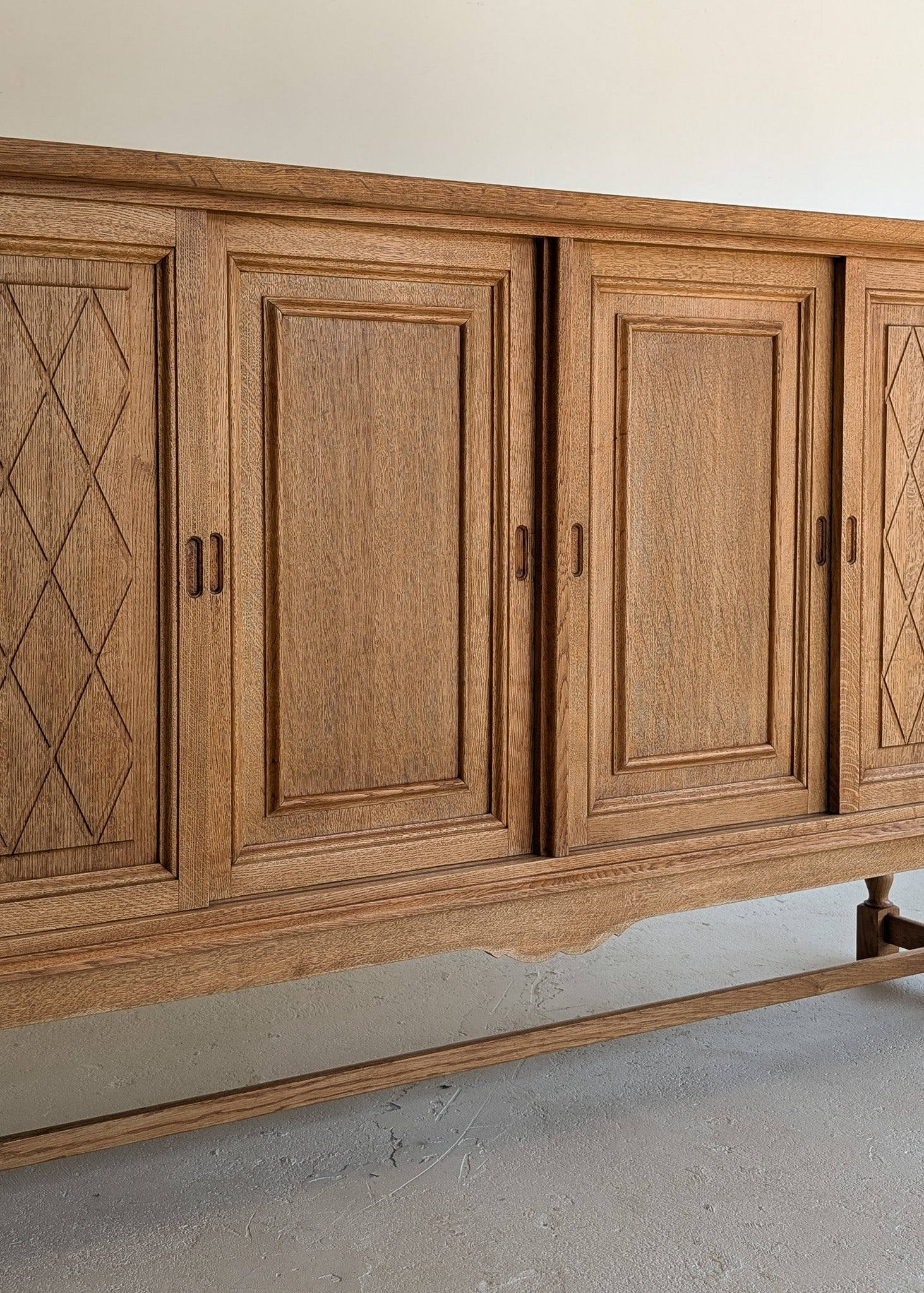 Vintage Midcentury Danish Henning Kjærnulf-Attributed Tall Oak Sideboard Cabinet with Carved Sliding Doors