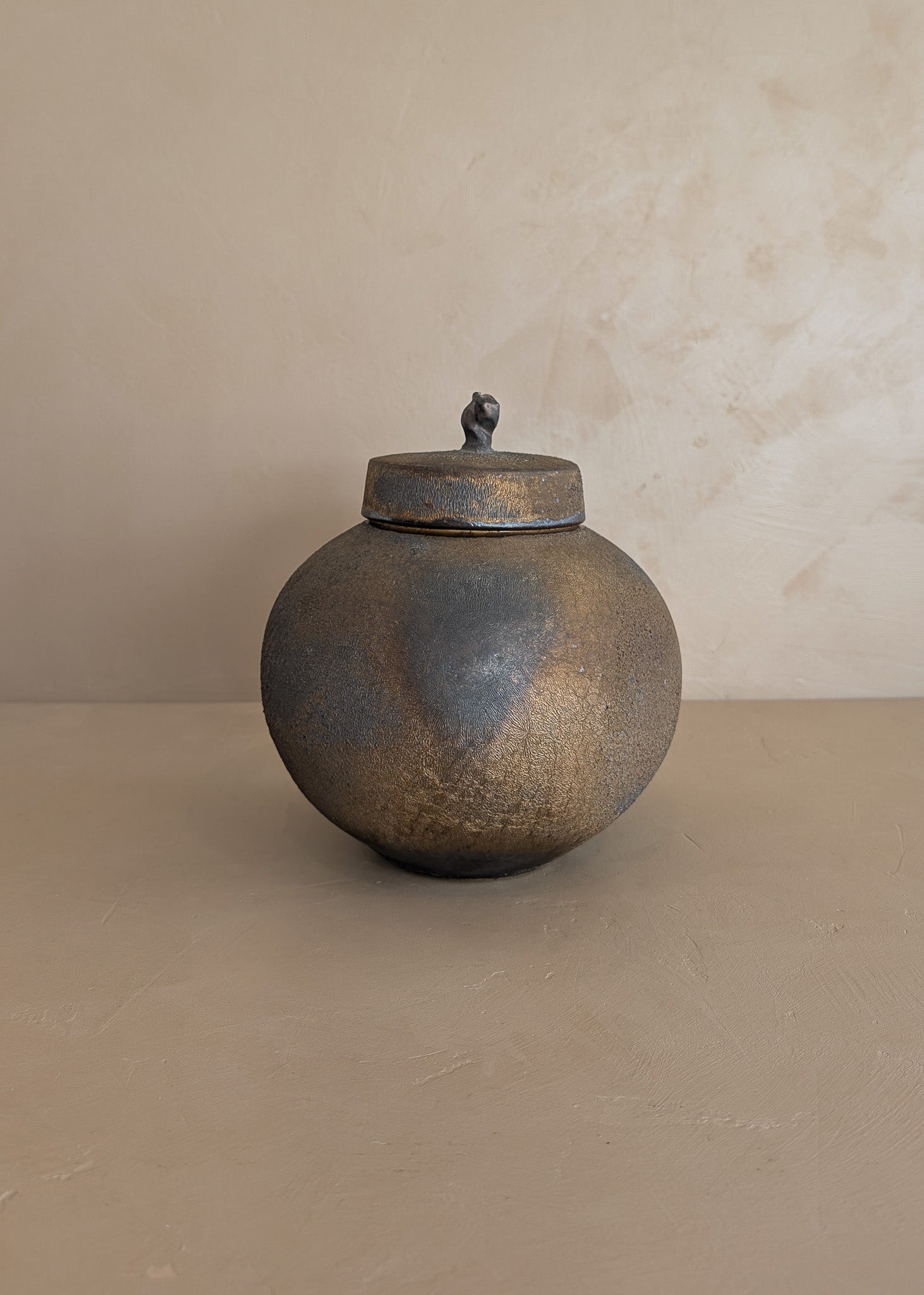 Unique Moody Black and Metallic Studio Pottery Raku Lidded Round Orb Vessel