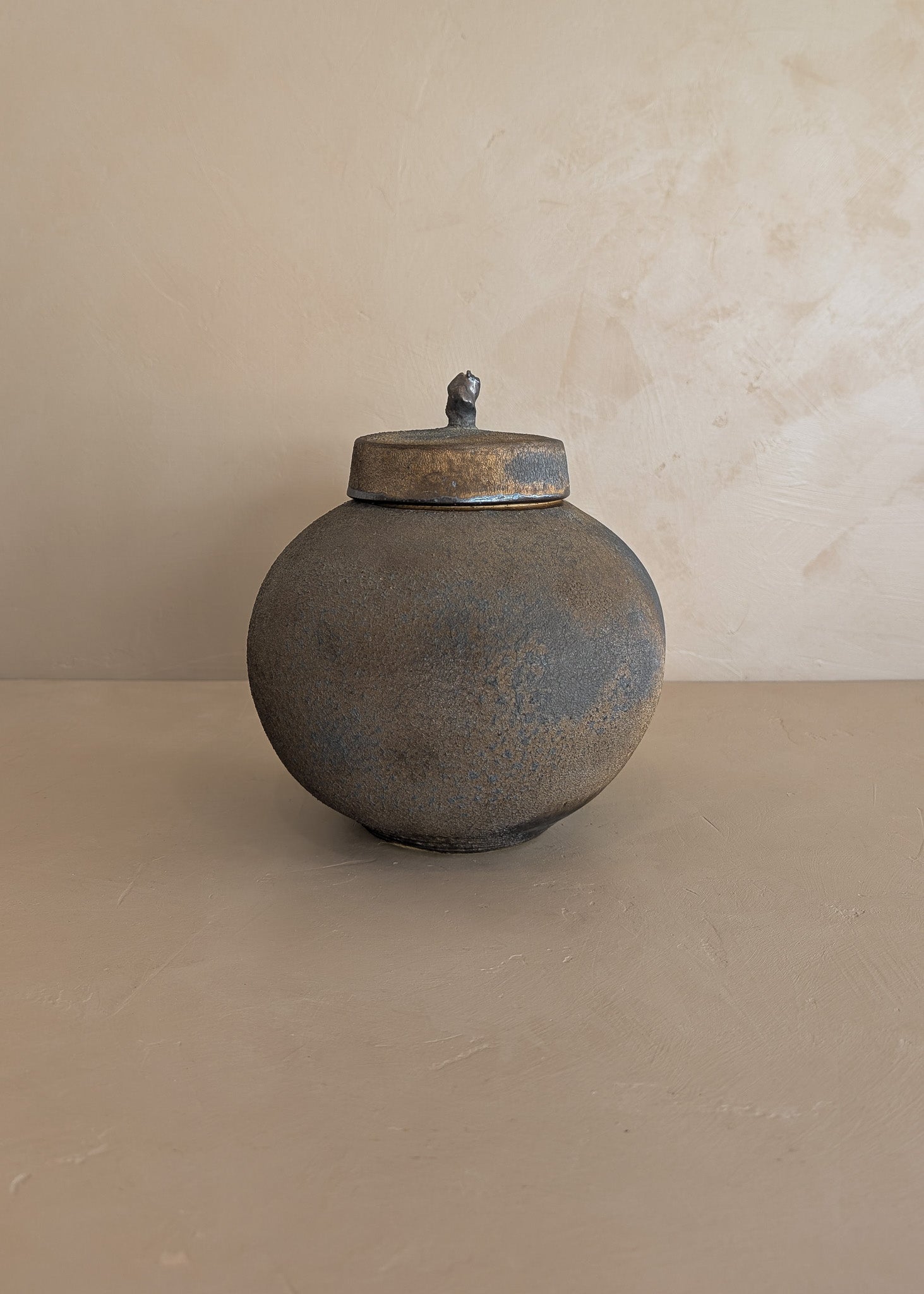 Unique Moody Black and Metallic Studio Pottery Raku Lidded Round Orb Vessel