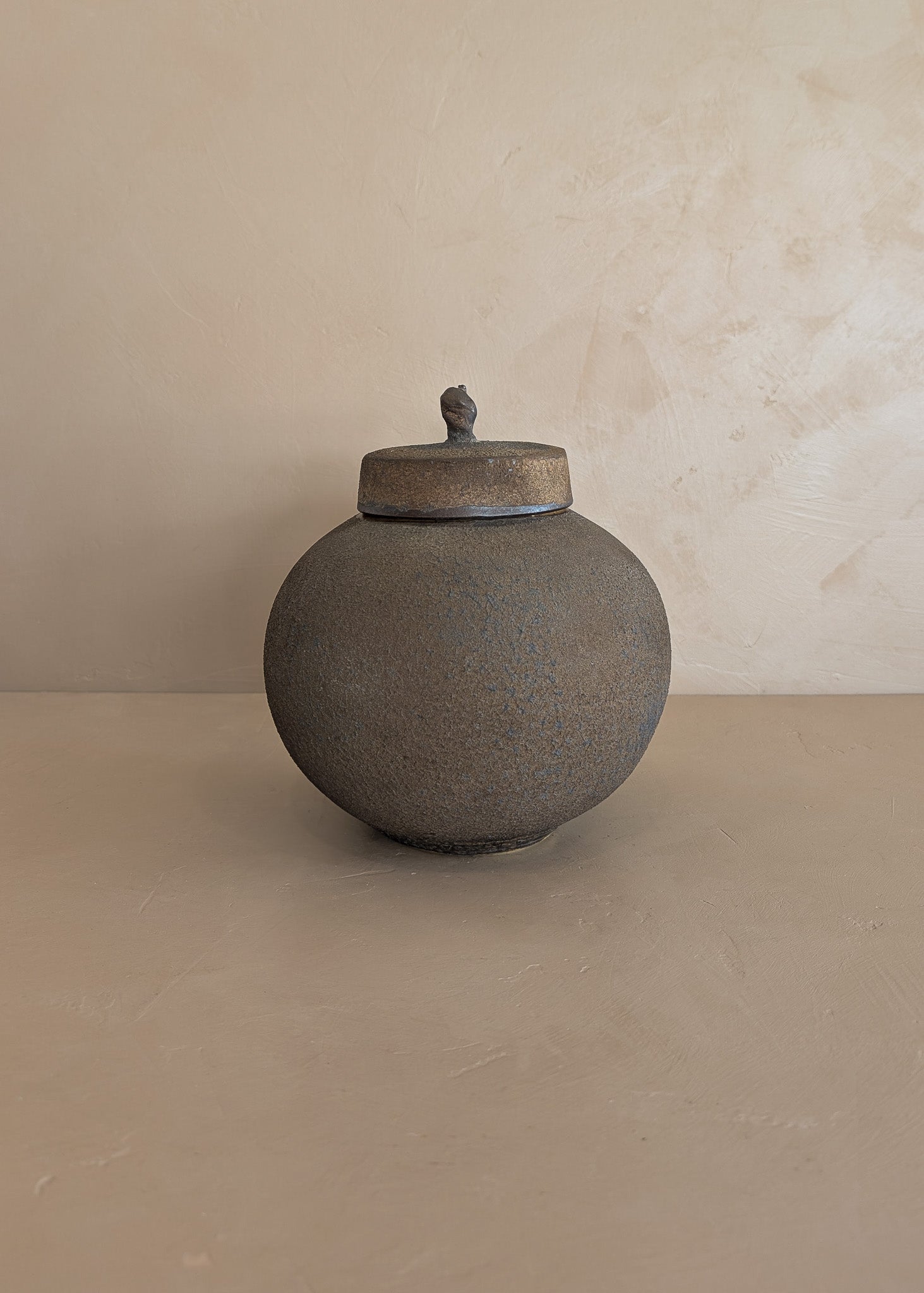 Unique Moody Black and Metallic Studio Pottery Raku Lidded Round Orb Vessel