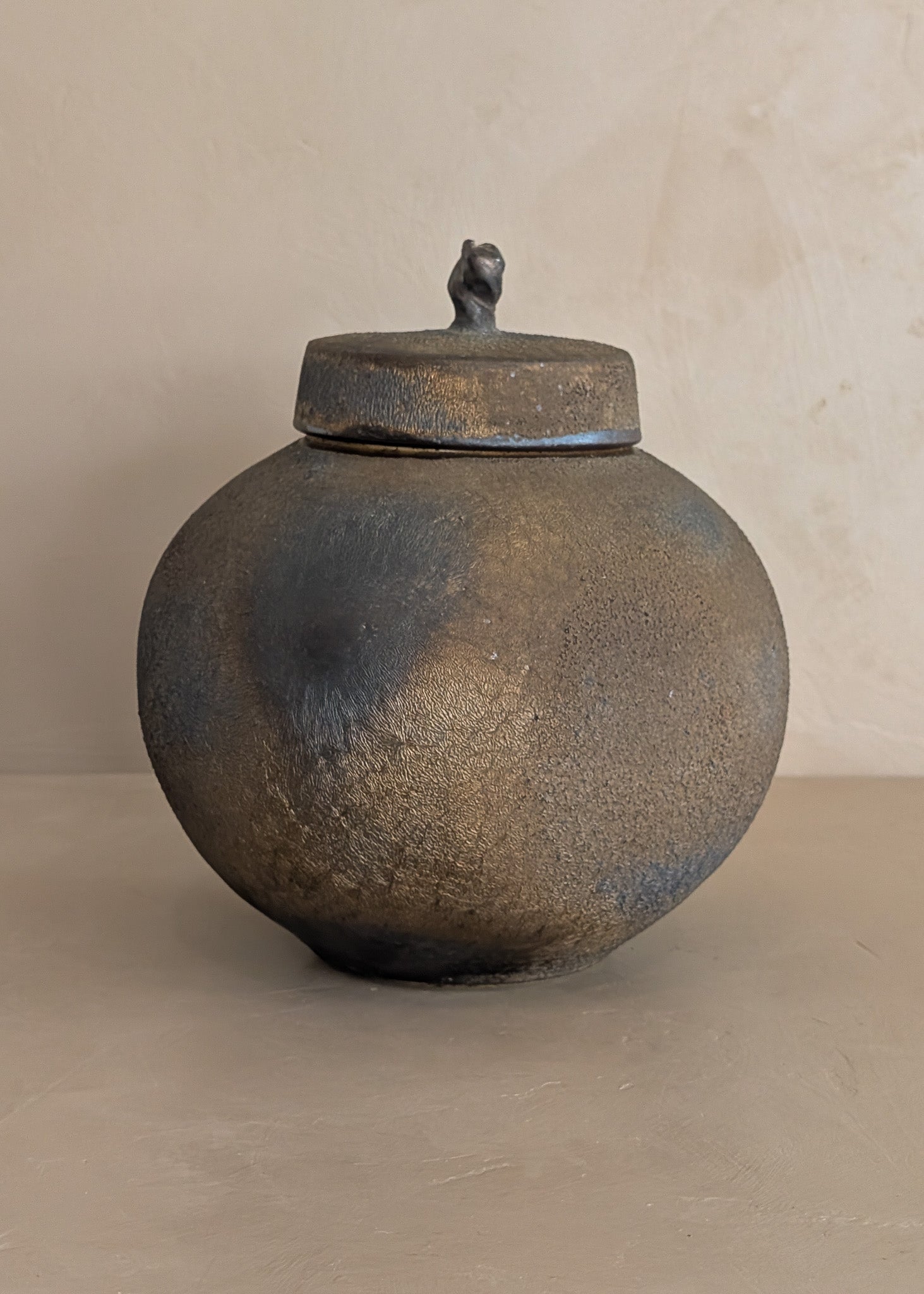 Unique Moody Black and Metallic Studio Pottery Raku Lidded Round Orb Vessel