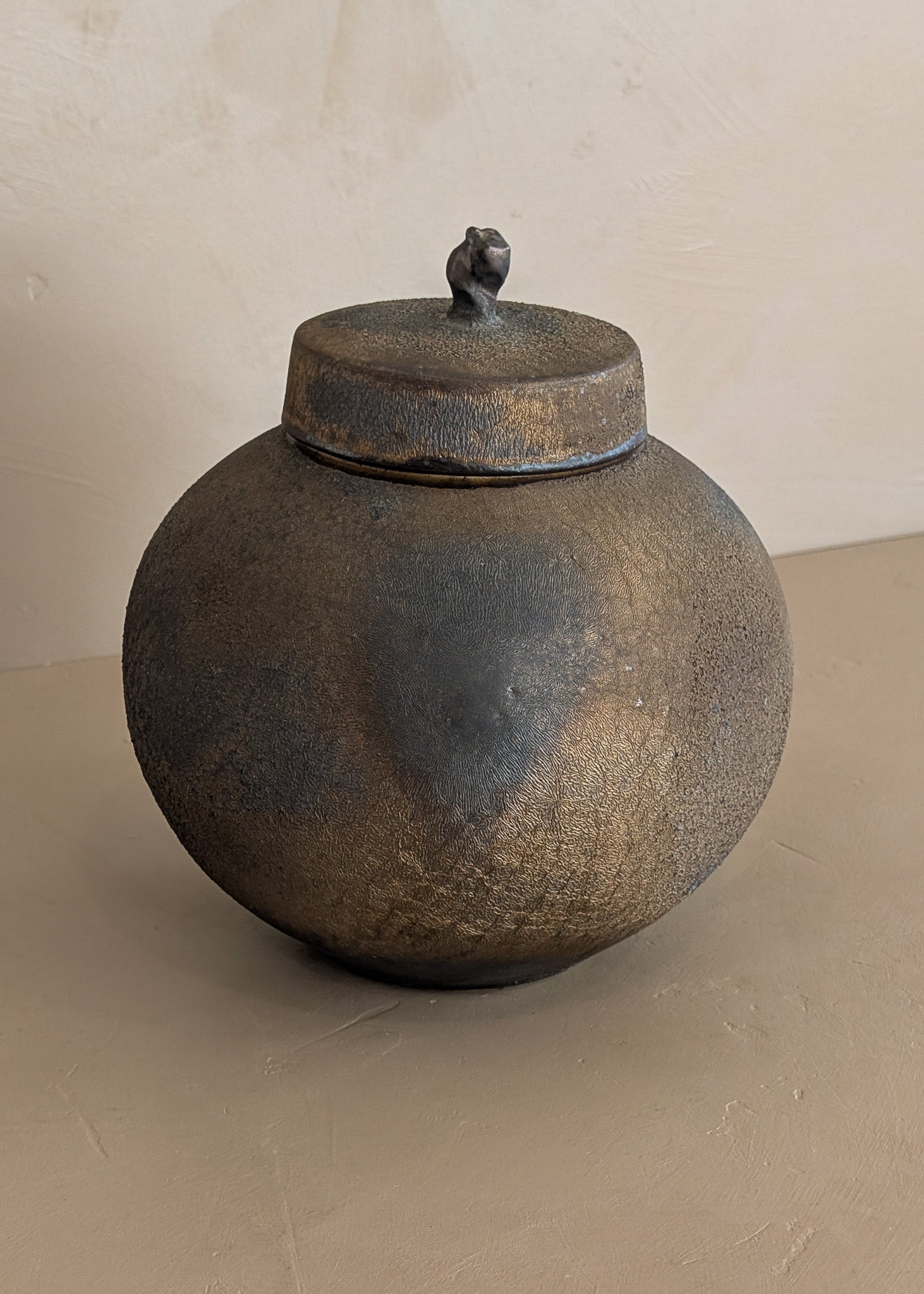 Unique Moody Black and Metallic Studio Pottery Raku Lidded Round Orb Vessel