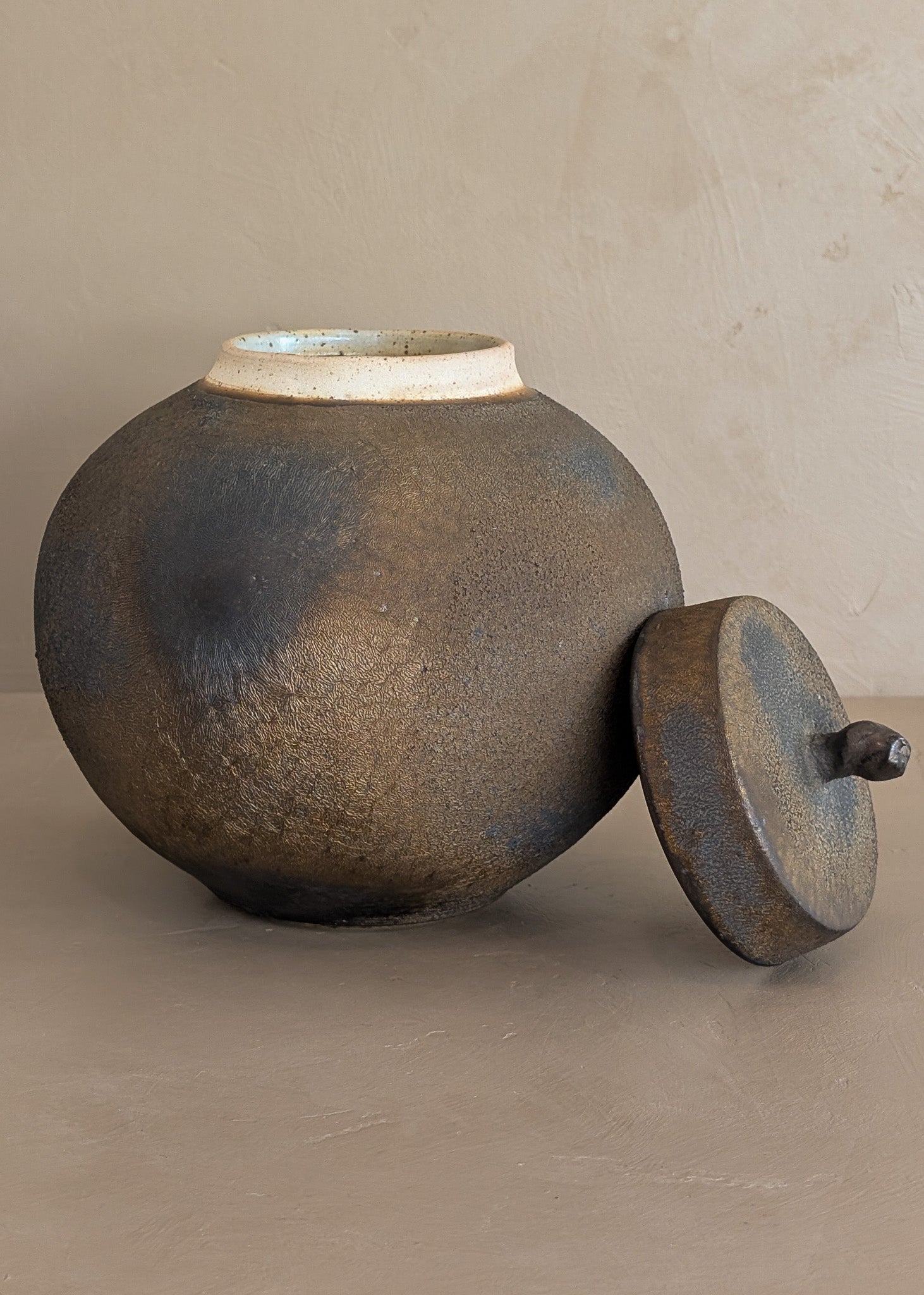 Unique Moody Black and Metallic Studio Pottery Raku Lidded Round Orb Vessel