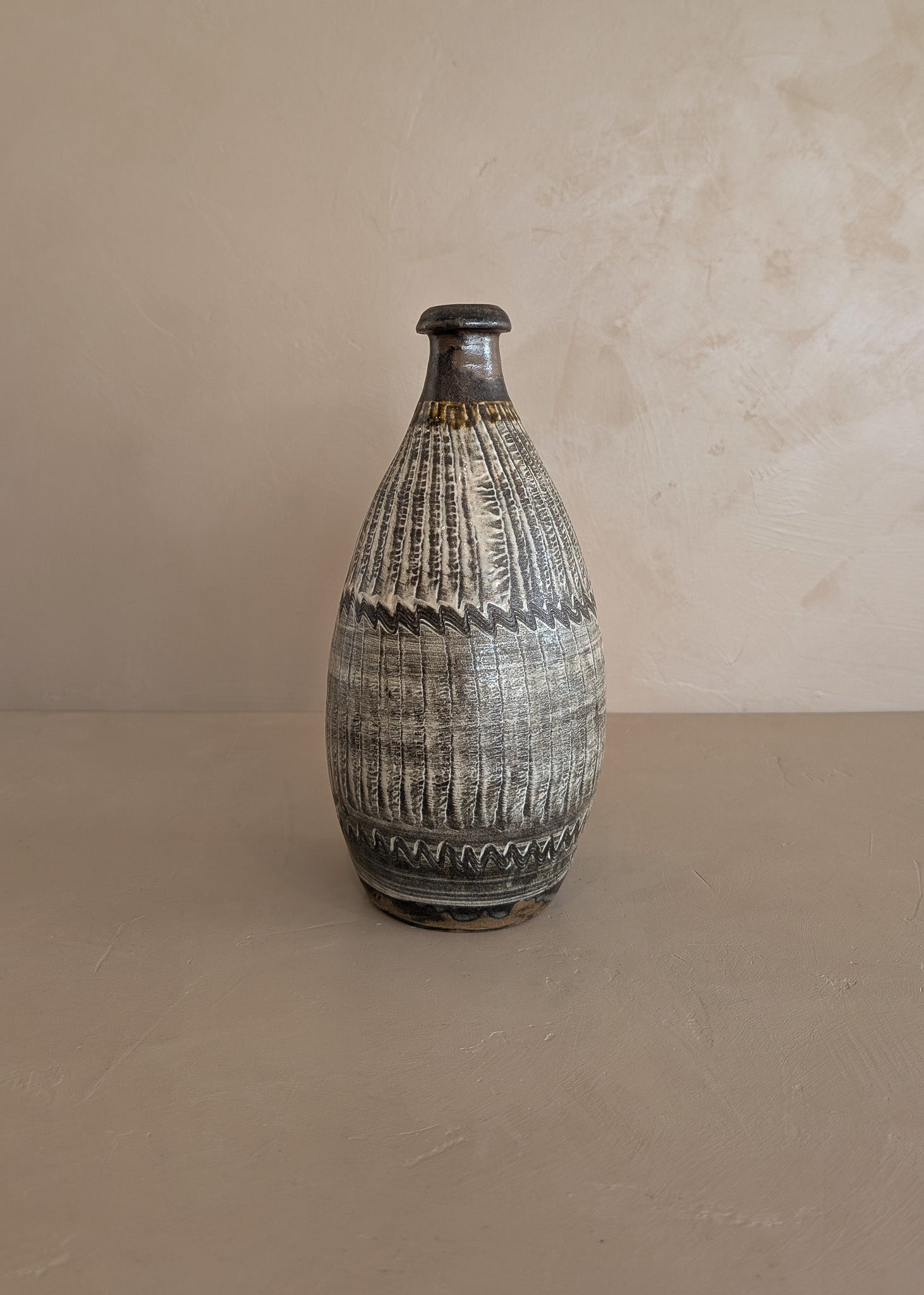 Brown and Cream Freeform Incised Studio Pottery Vase