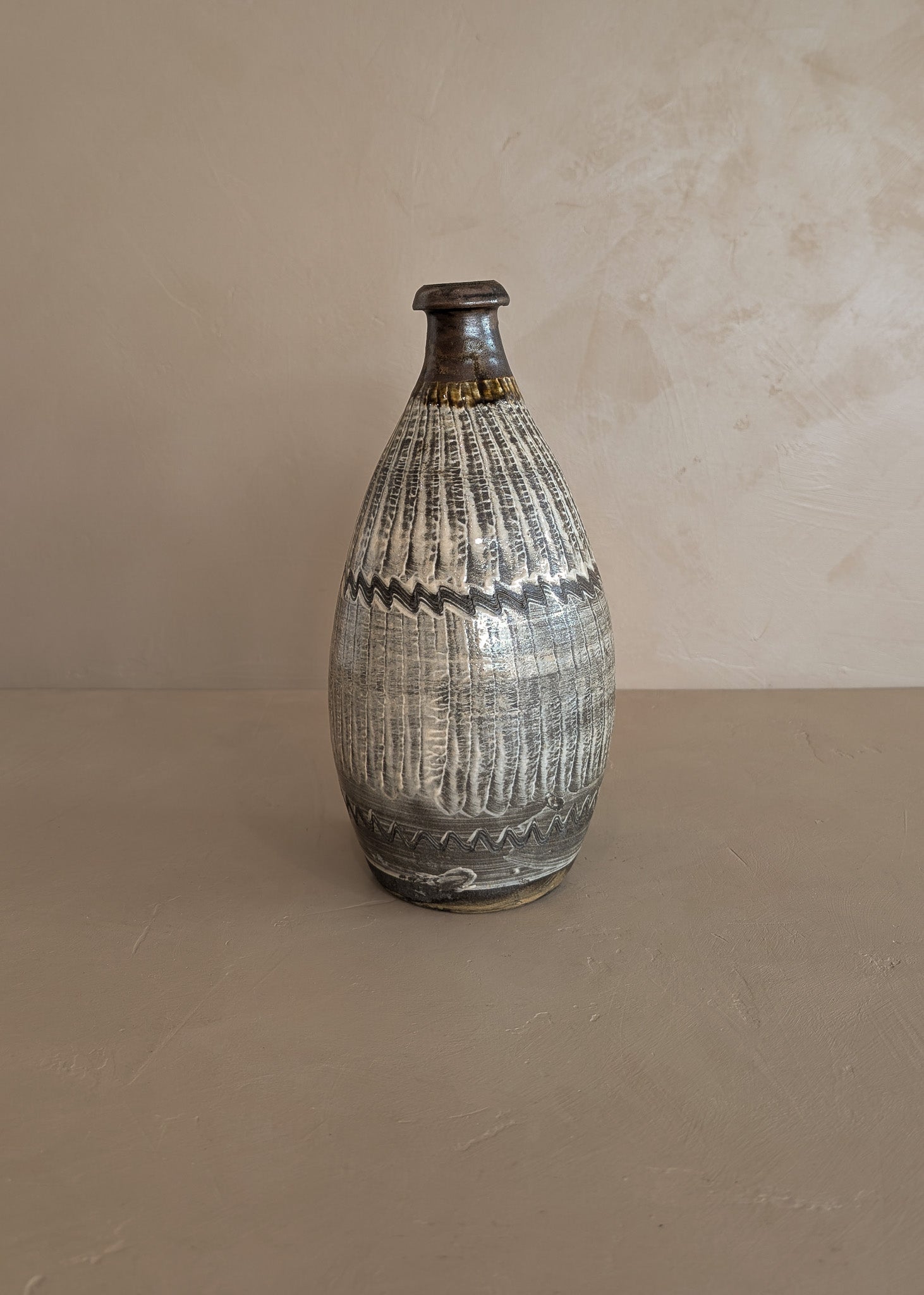 Brown and Cream Freeform Incised Studio Pottery Vase