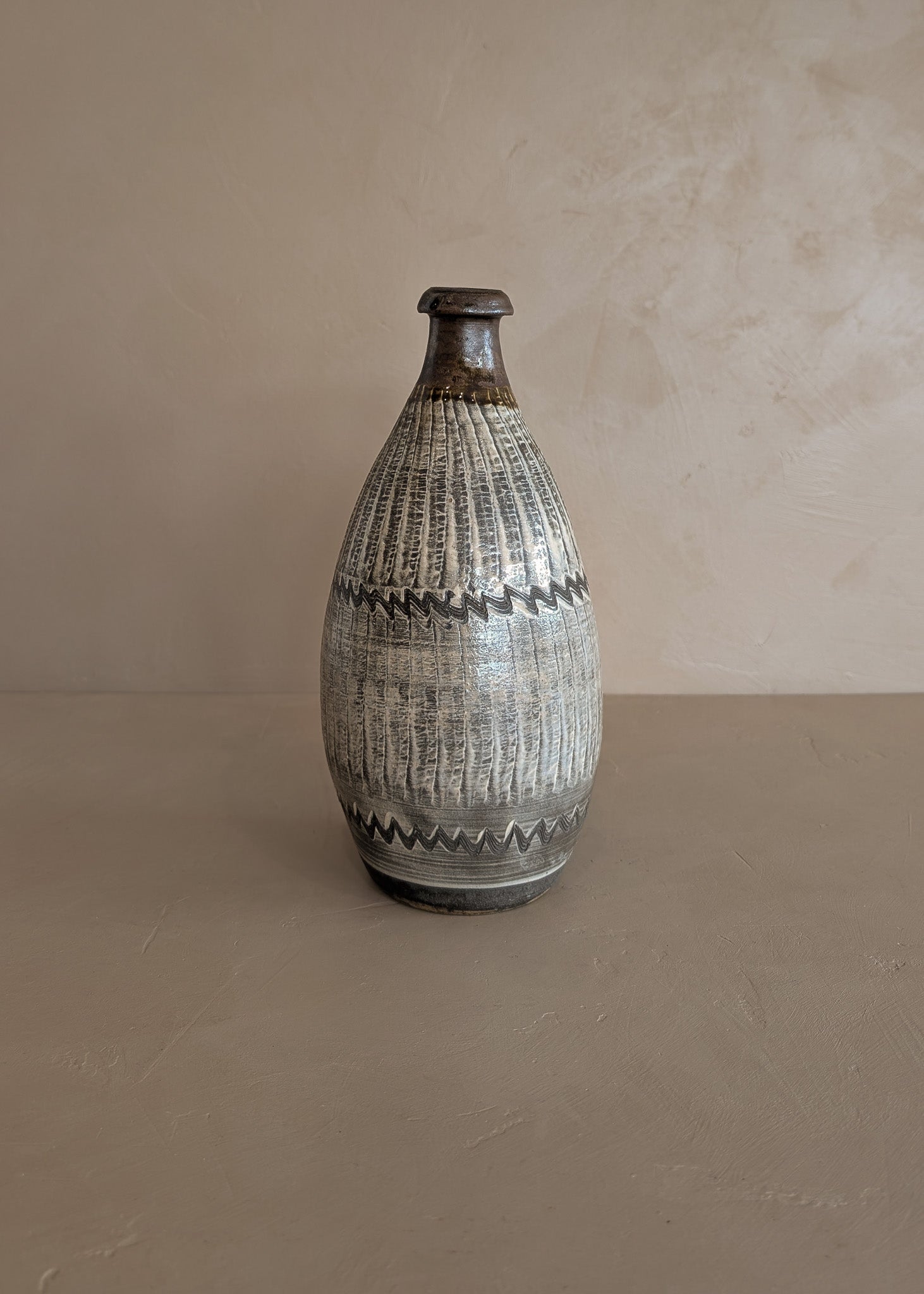Brown and Cream Freeform Incised Studio Pottery Vase
