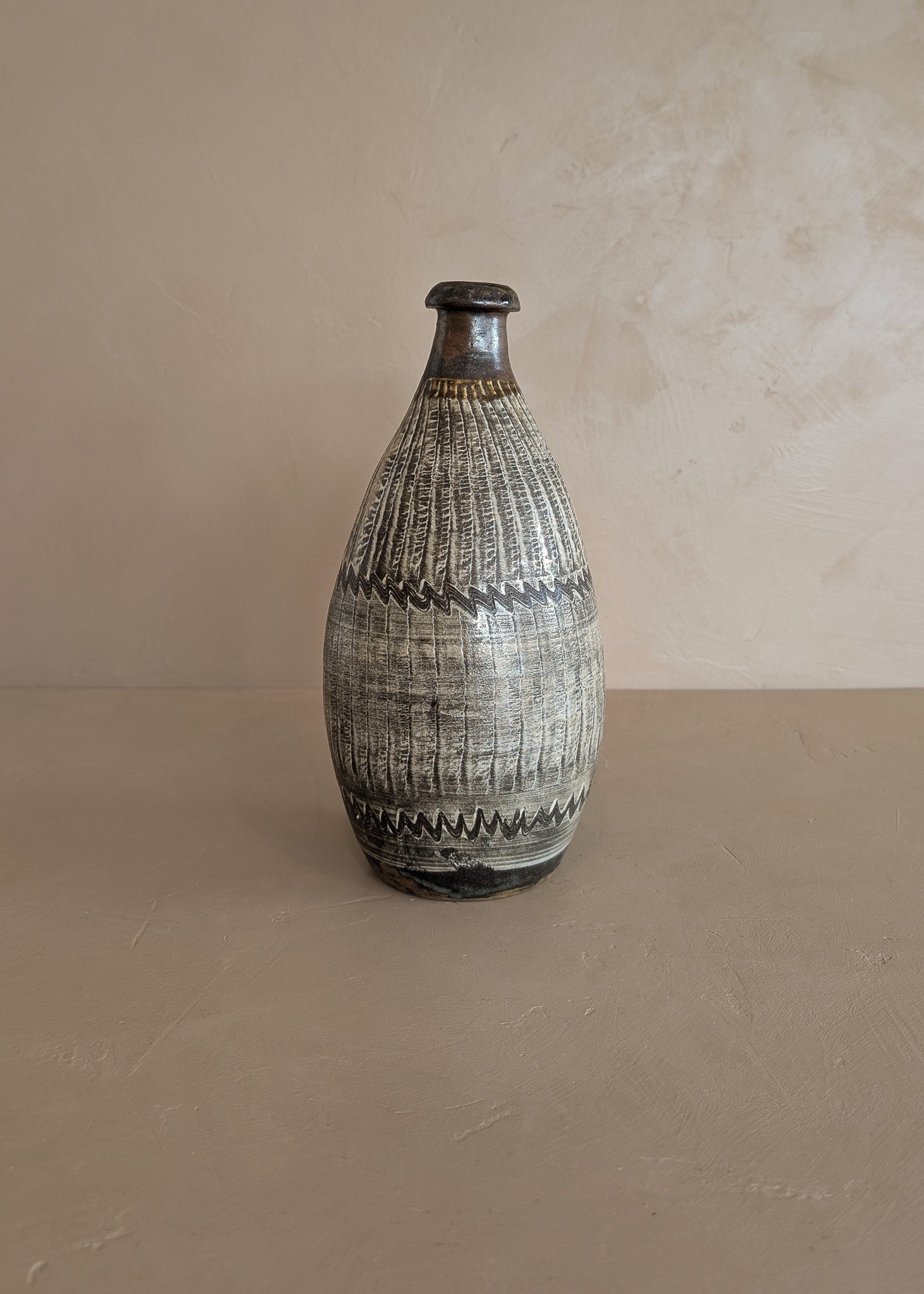 Brown and Cream Freeform Incised Studio Pottery Vase