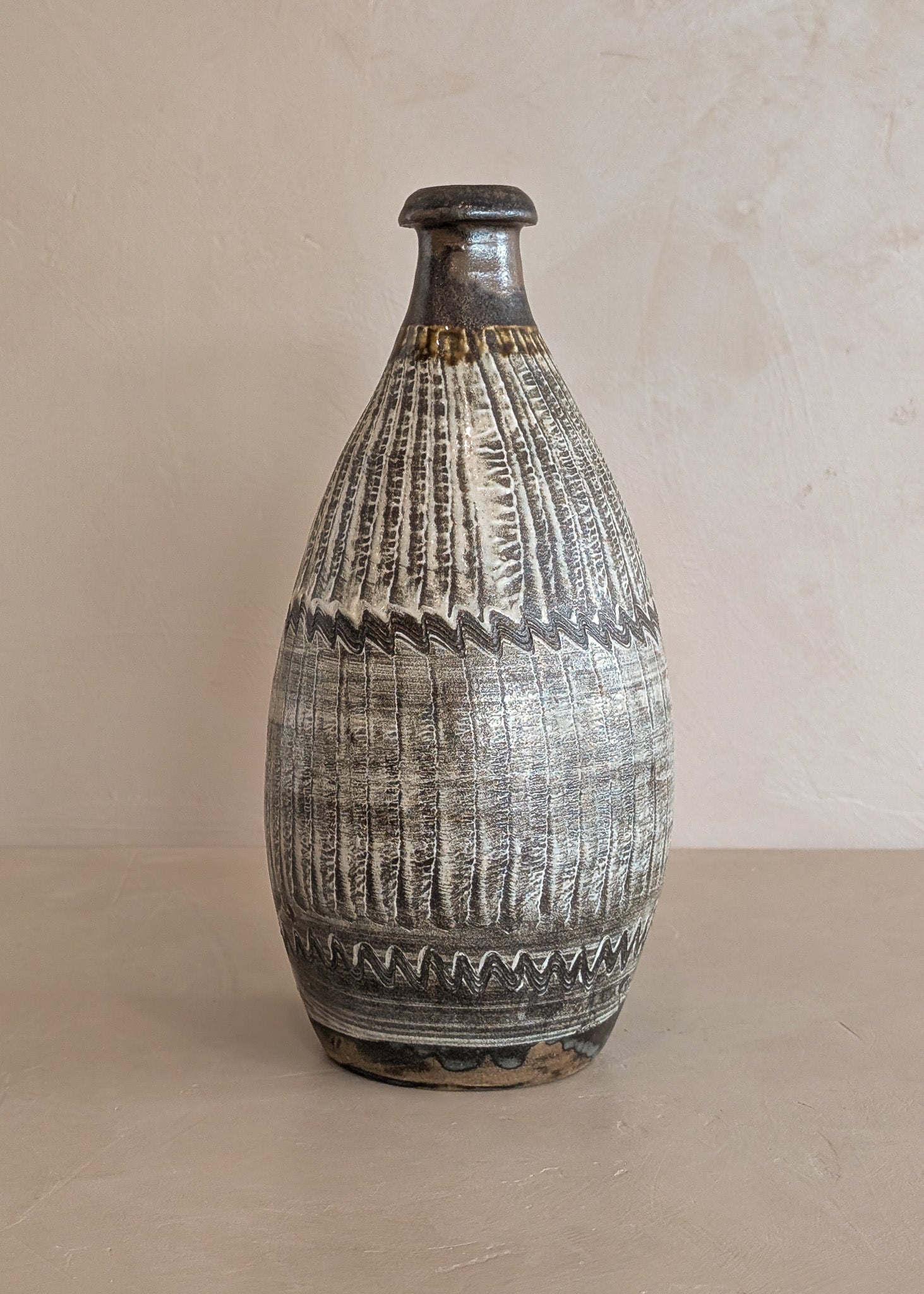 Brown and Cream Freeform Incised Studio Pottery Vase