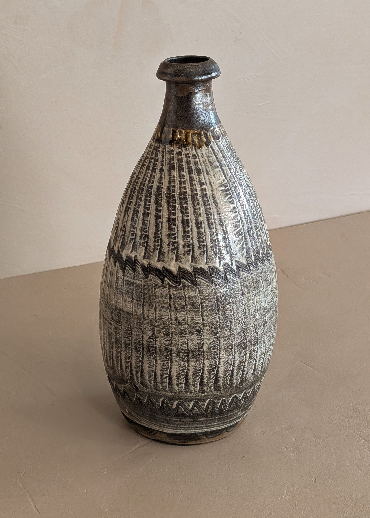 Brown and Cream Freeform Incised Studio Pottery Vase