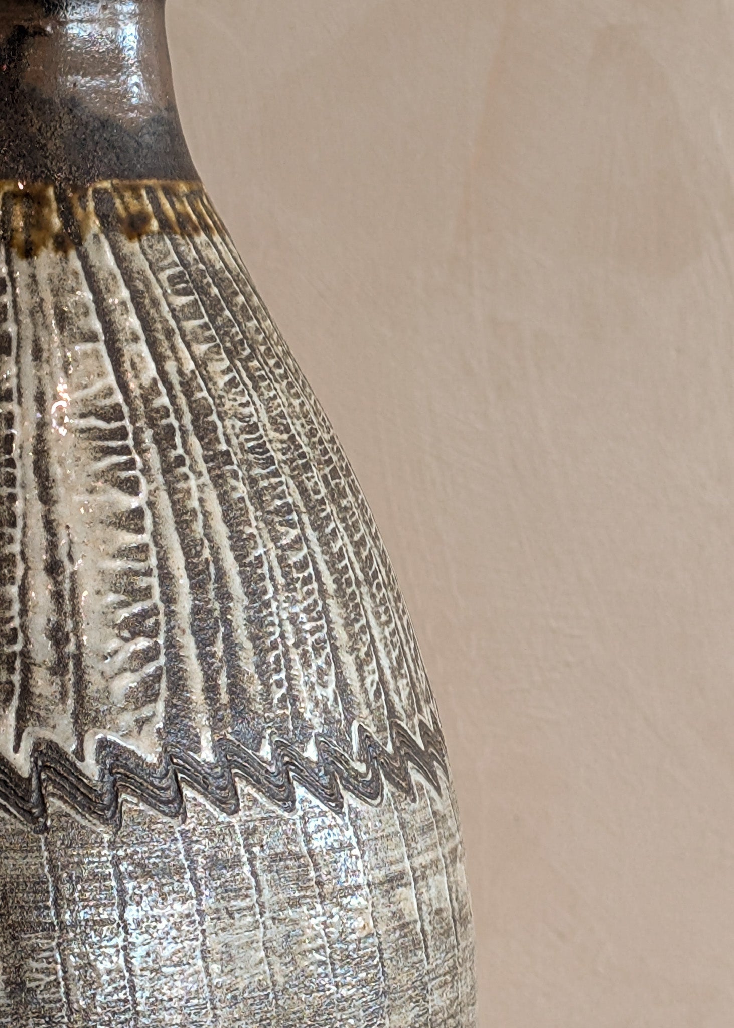 Brown and Cream Freeform Incised Studio Pottery Vase