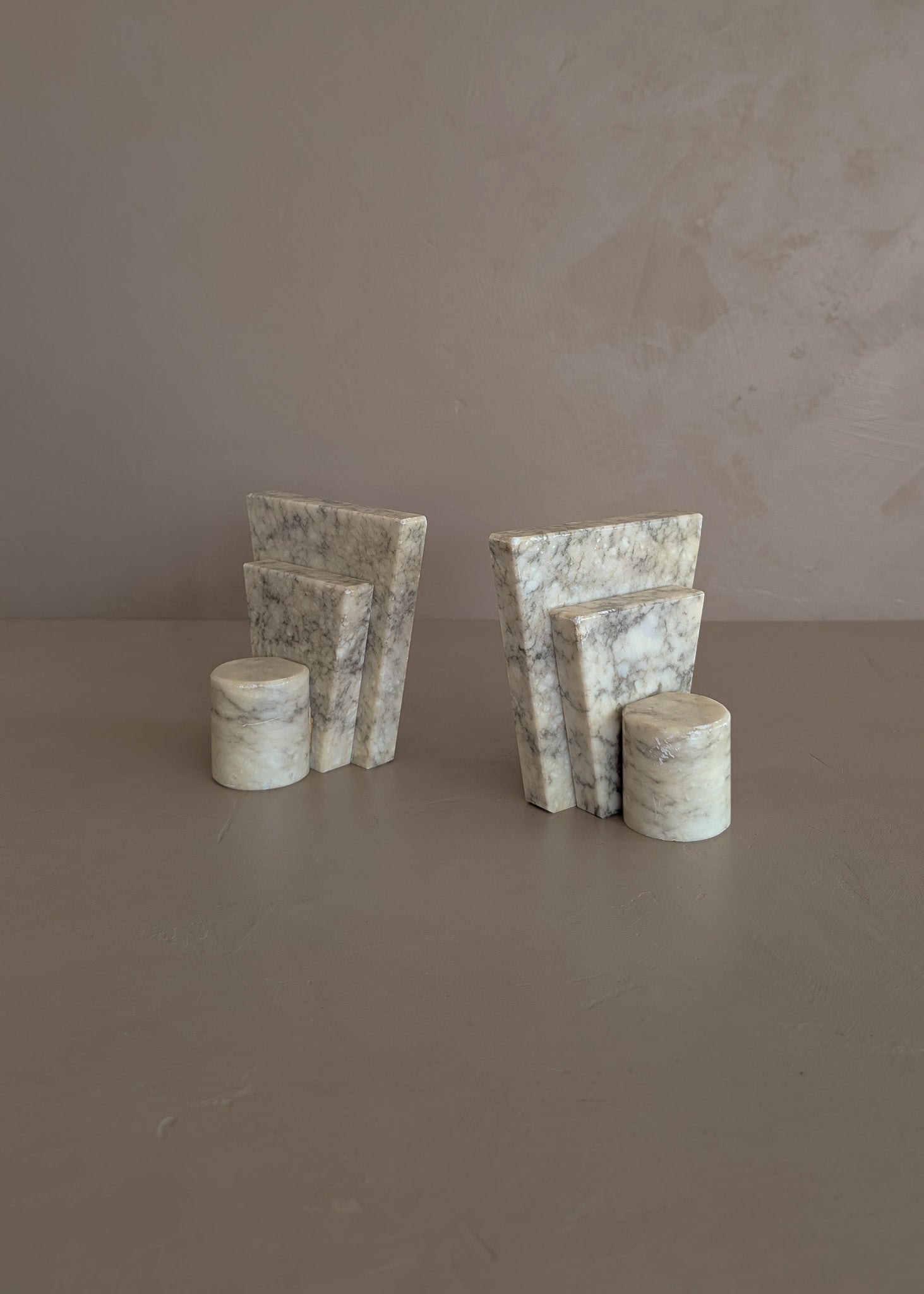 Pair of Unique Vintage Italian Stacked Geometric Alabaster Bookends