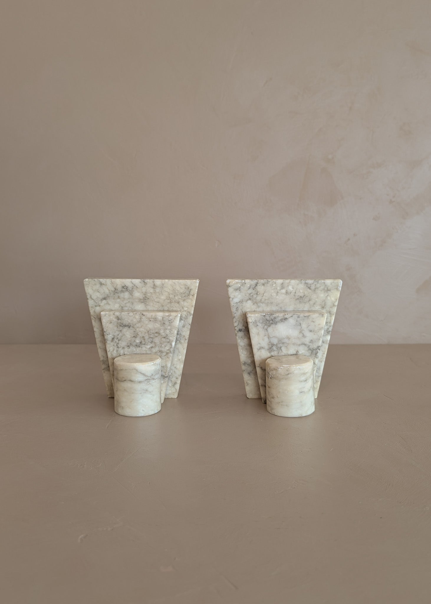 Pair of Unique Vintage Italian Stacked Geometric Alabaster Bookends