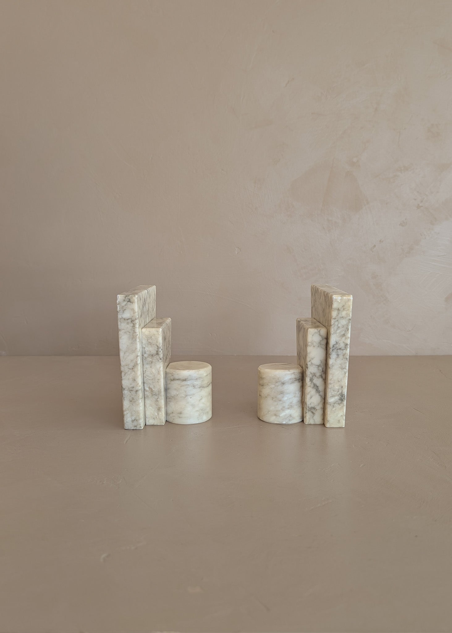 Pair of Unique Vintage Italian Stacked Geometric Alabaster Bookends