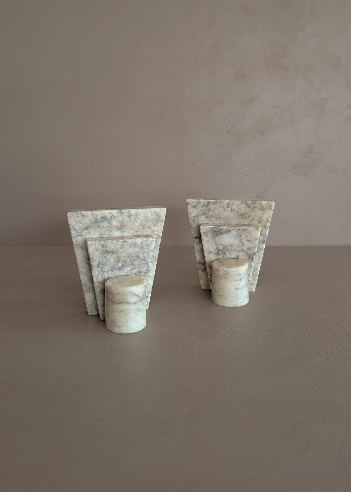 Pair of Unique Vintage Italian Stacked Geometric Alabaster Bookends