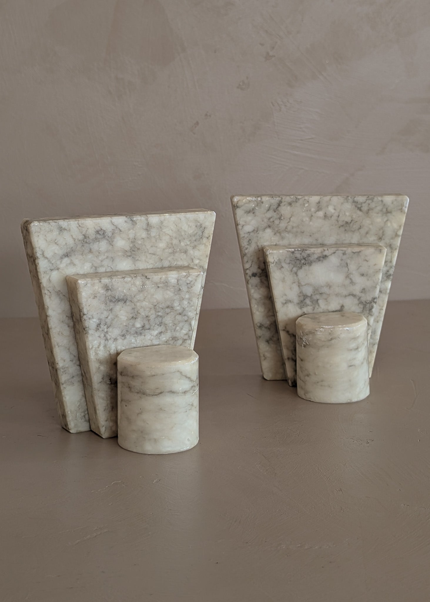 Pair of Unique Vintage Italian Stacked Geometric Alabaster Bookends