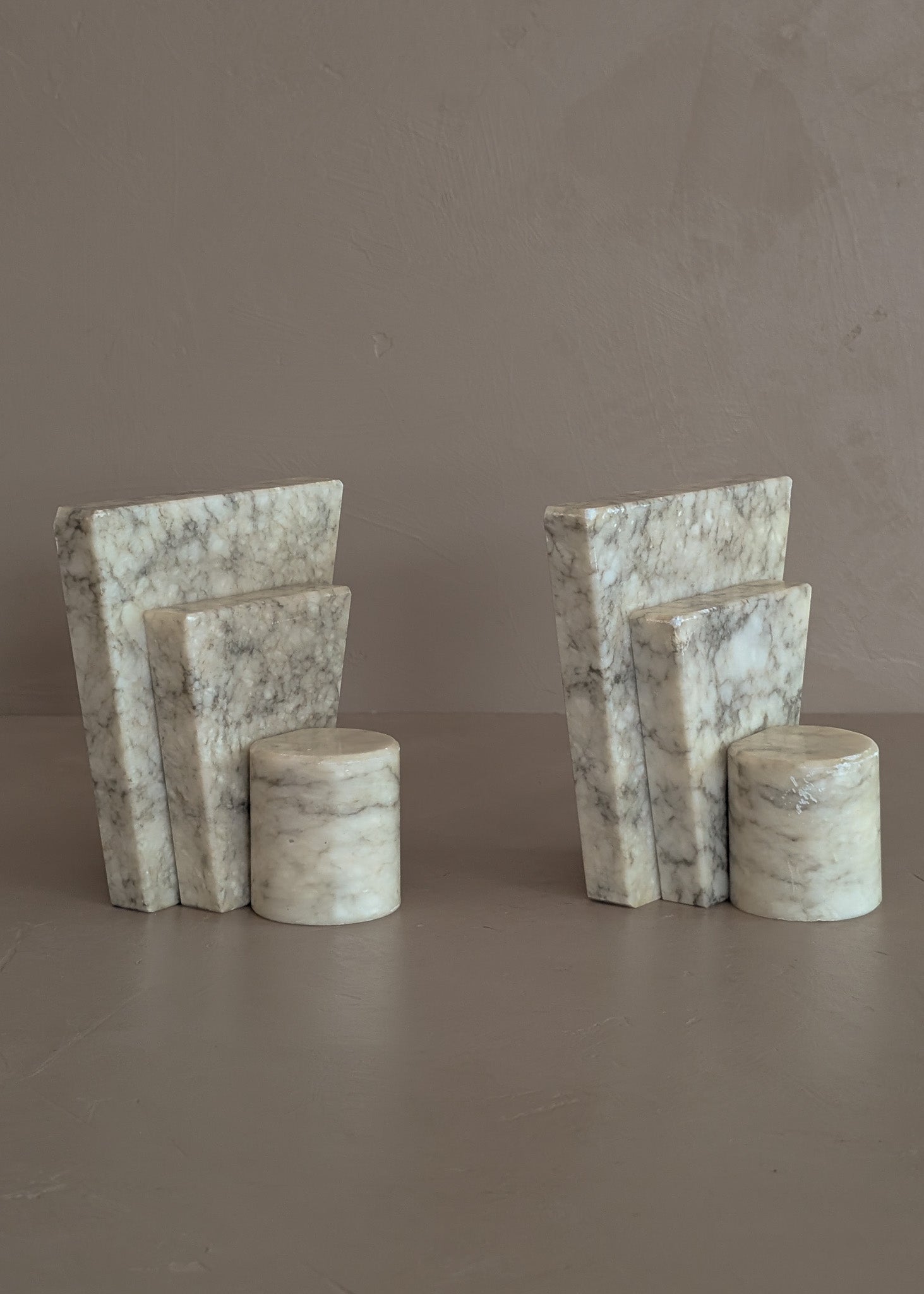 Pair of Unique Vintage Italian Stacked Geometric Alabaster Bookends
