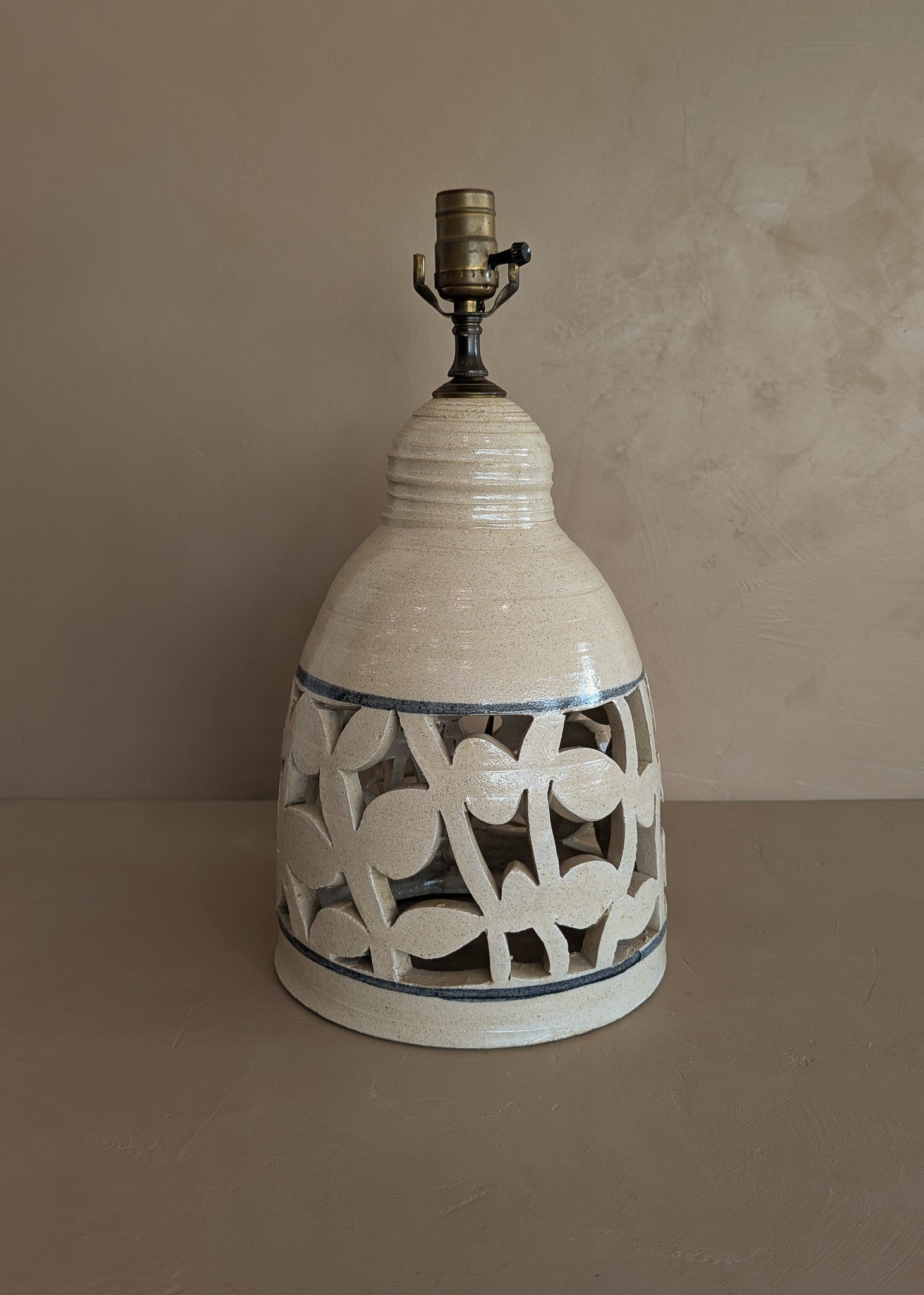 Beige and Blue Double Light Reticulated Floral Signed Studio Pottery Lamp