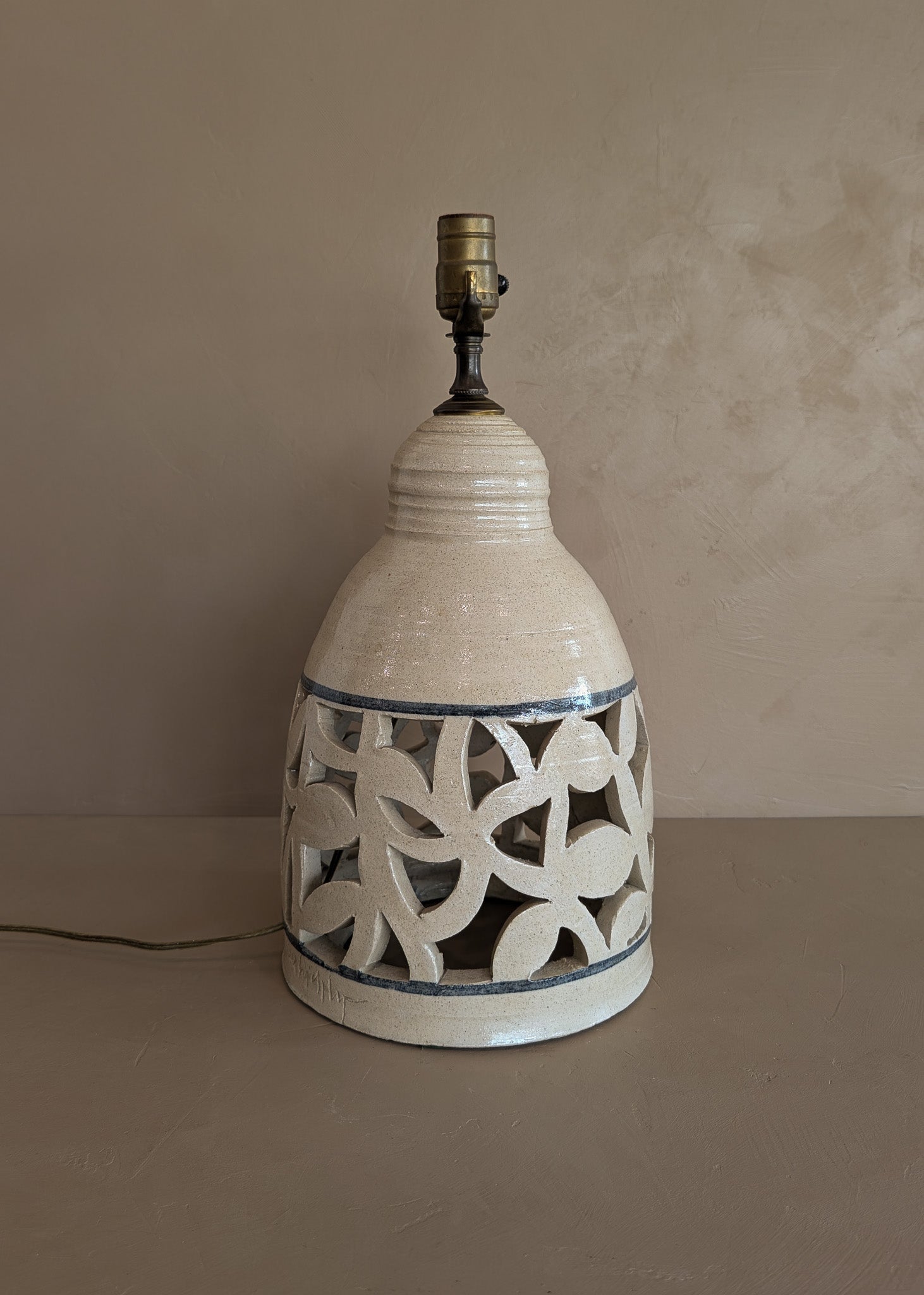 Beige and Blue Double Light Reticulated Floral Signed Studio Pottery Lamp