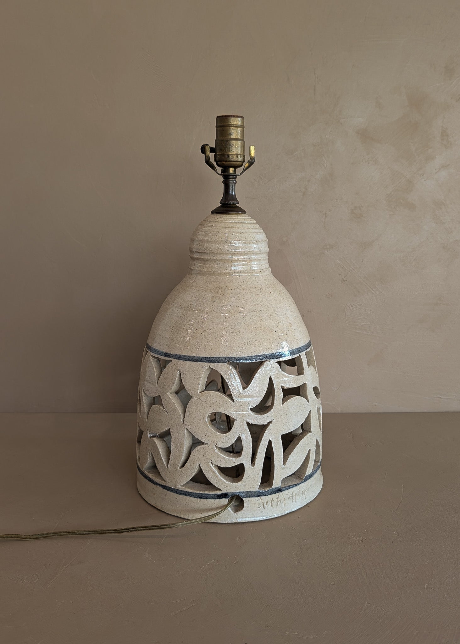 Beige and Blue Double Light Reticulated Floral Signed Studio Pottery Lamp