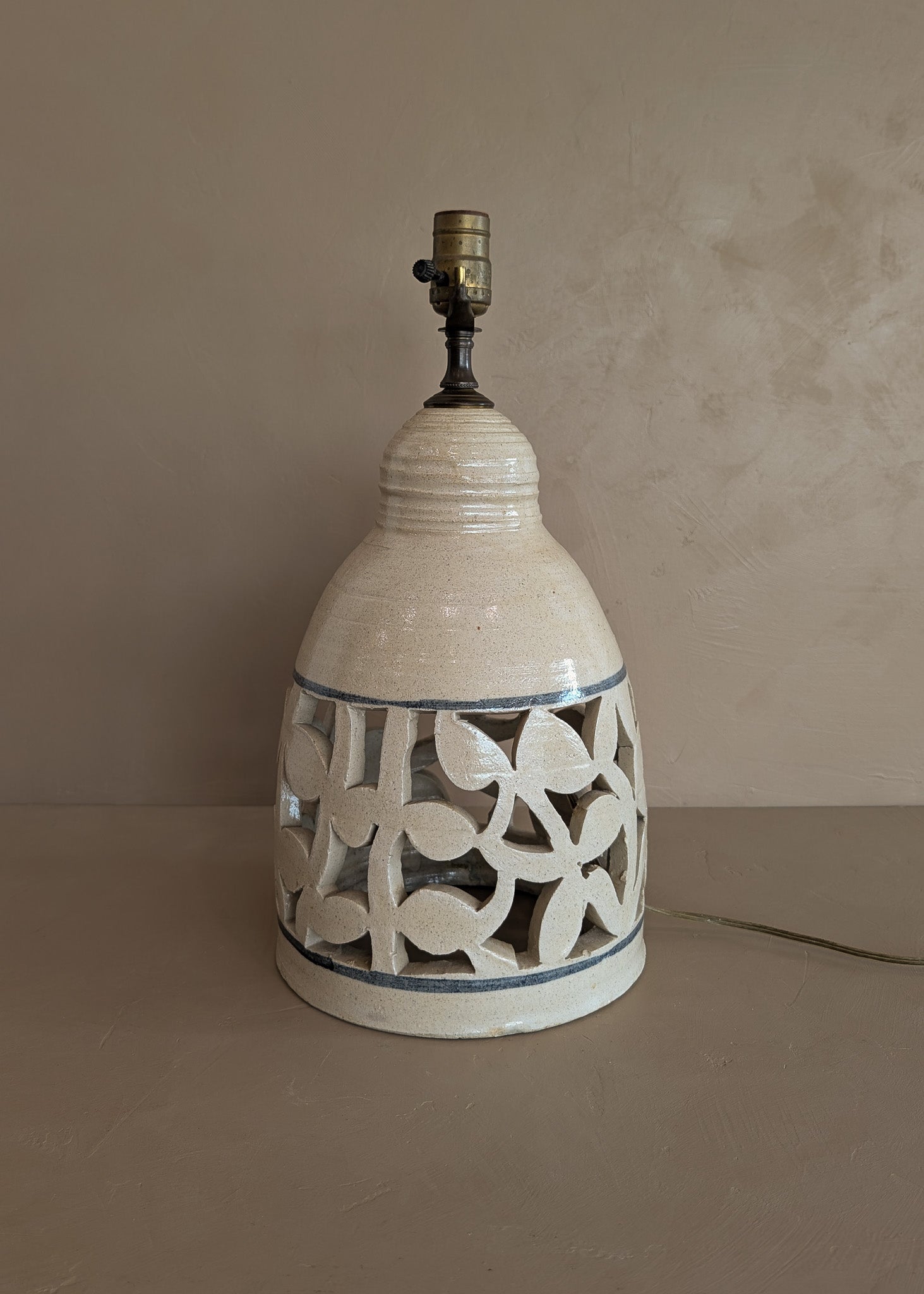 Beige and Blue Double Light Reticulated Floral Signed Studio Pottery Lamp