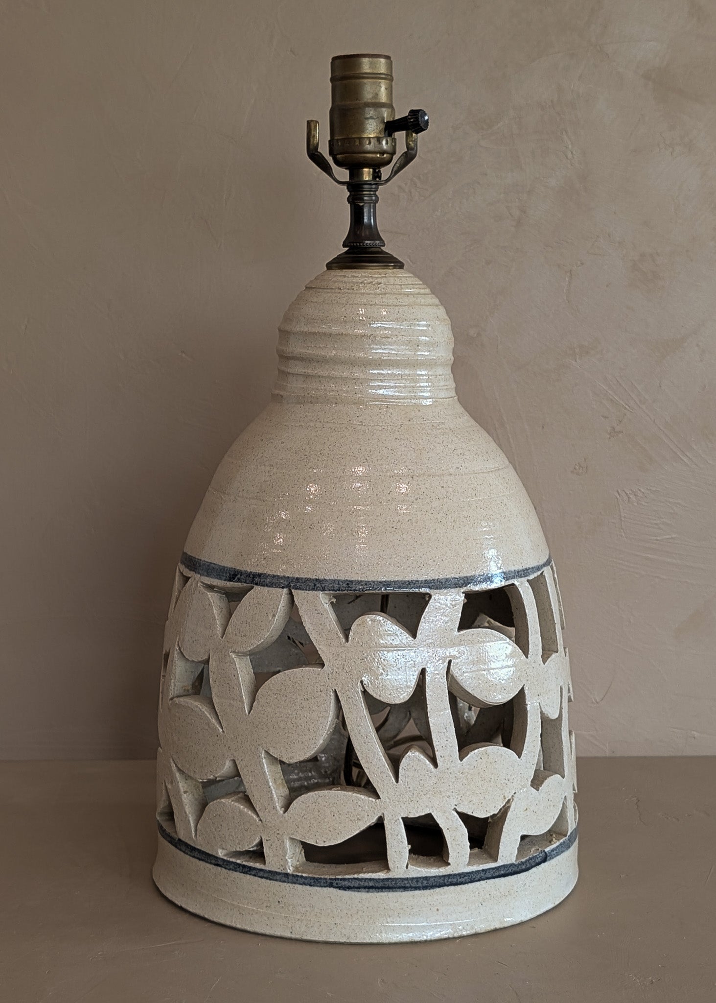 Beige and Blue Double Light Reticulated Floral Signed Studio Pottery Lamp