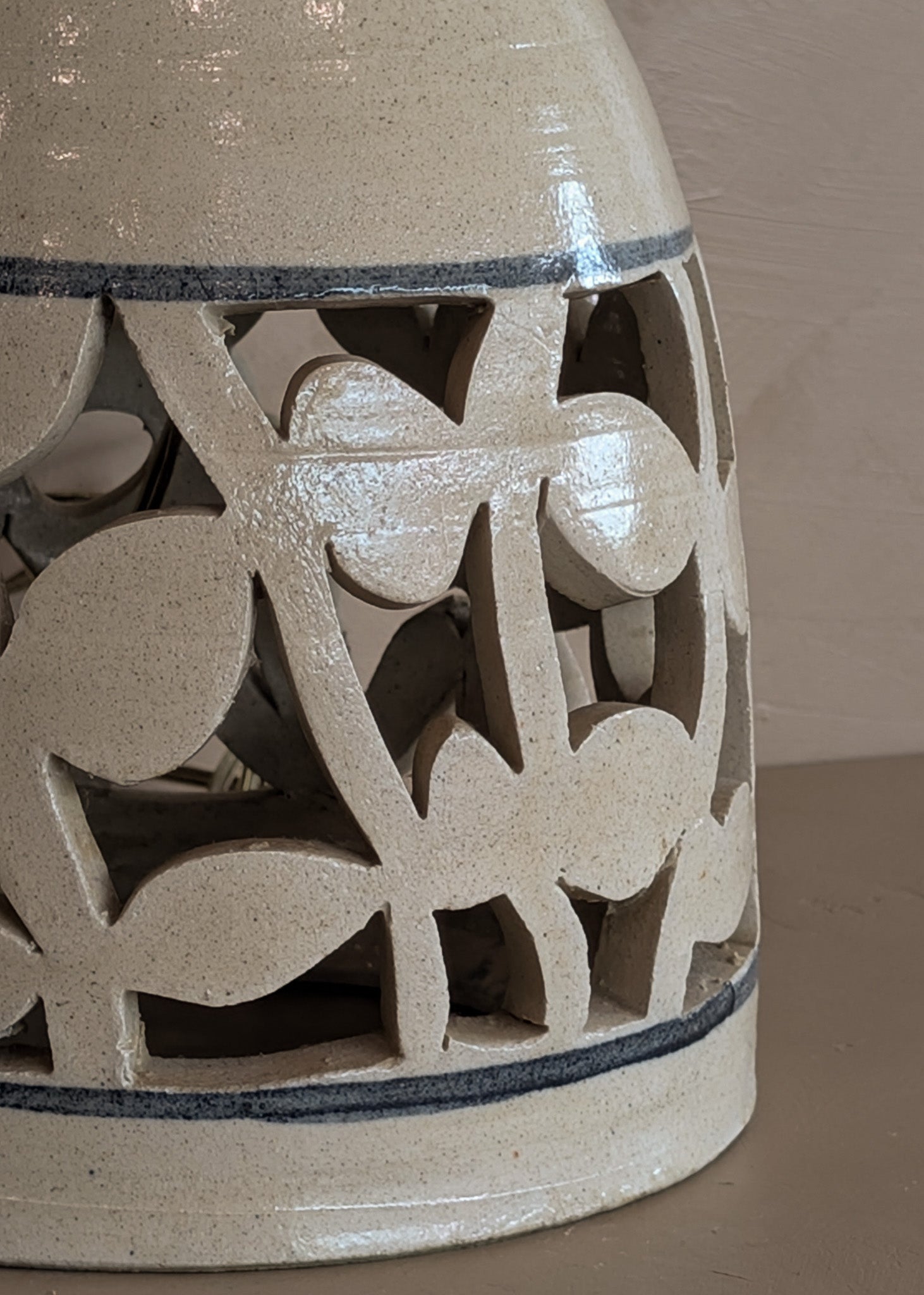 Beige and Blue Double Light Reticulated Floral Signed Studio Pottery Lamp