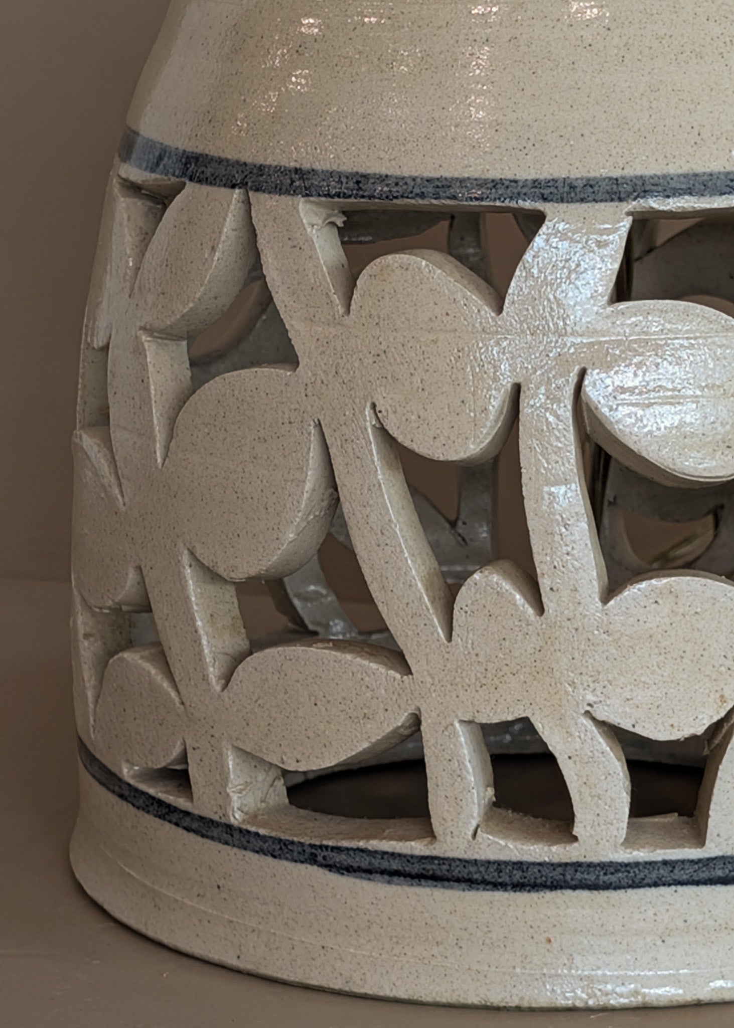 Beige and Blue Double Light Reticulated Floral Signed Studio Pottery Lamp