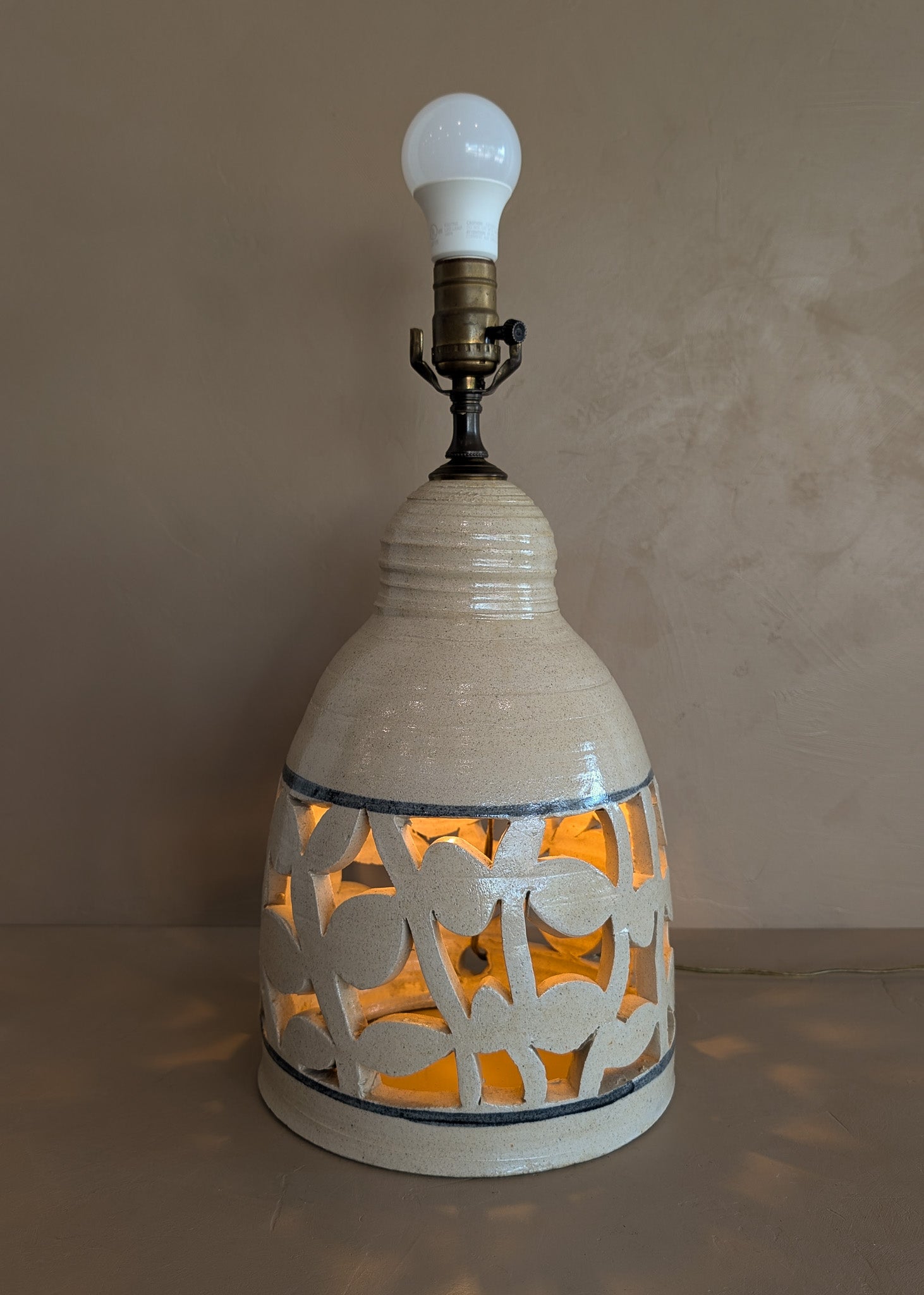 Beige and Blue Double Light Reticulated Floral Signed Studio Pottery Lamp