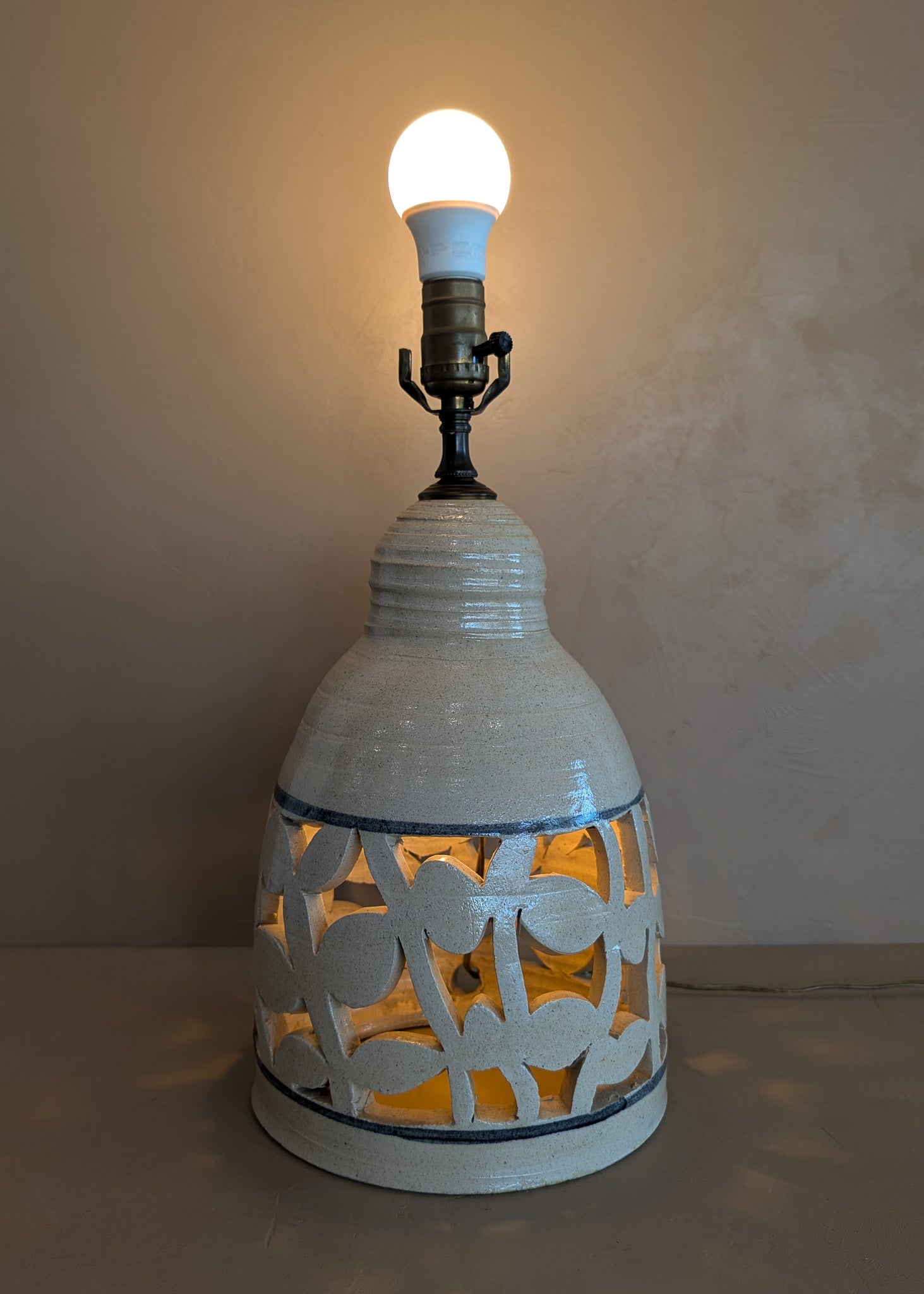 Beige and Blue Double Light Reticulated Floral Signed Studio Pottery Lamp