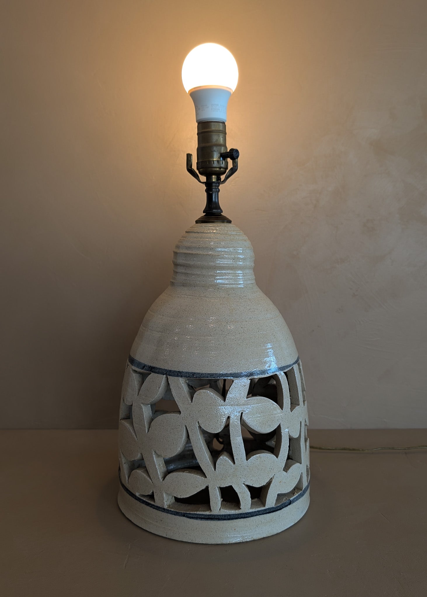 Beige and Blue Double Light Reticulated Floral Signed Studio Pottery Lamp