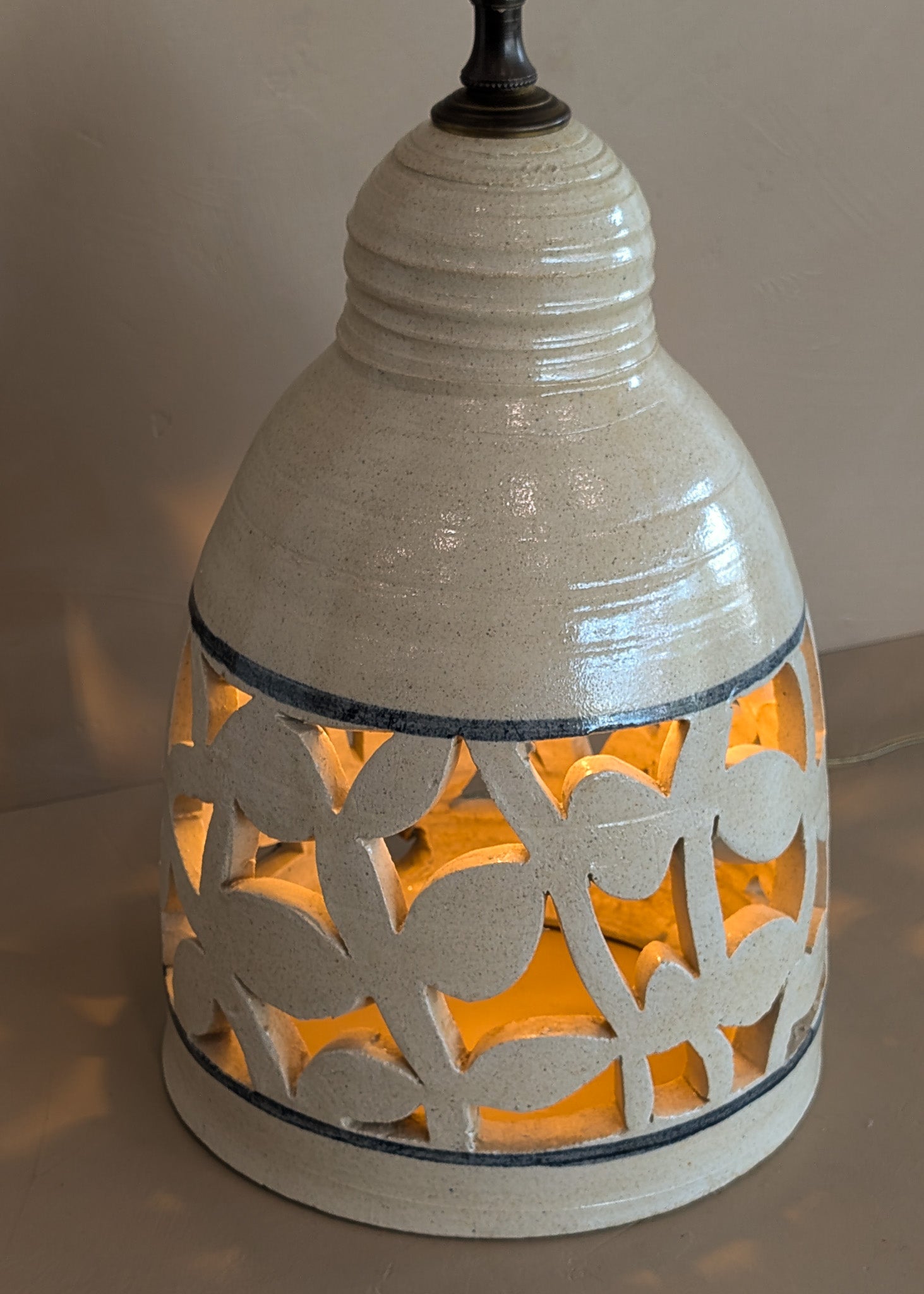 Beige and Blue Double Light Reticulated Floral Signed Studio Pottery Lamp