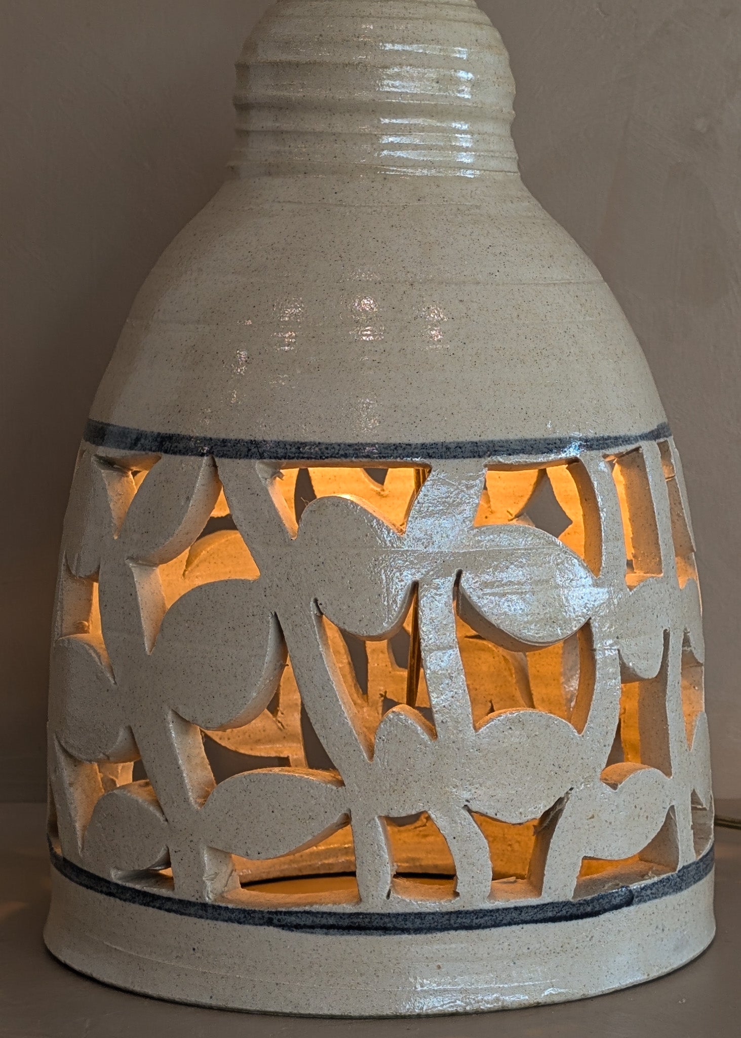 Beige and Blue Double Light Reticulated Floral Signed Studio Pottery Lamp