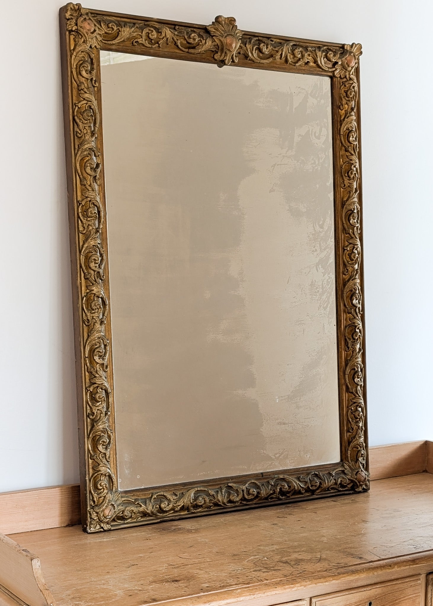 Large Antique Gilded Plaster and Wood Mirror with Wavy Glass