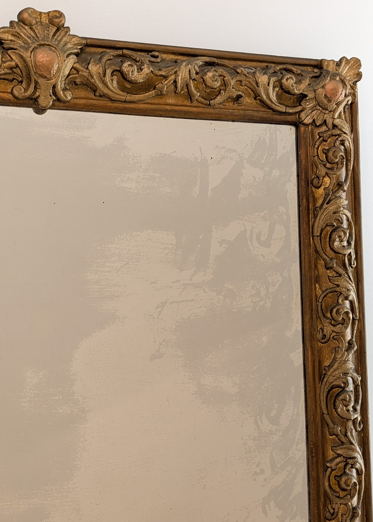 Large Antique Gilded Plaster and Wood Mirror with Wavy Glass