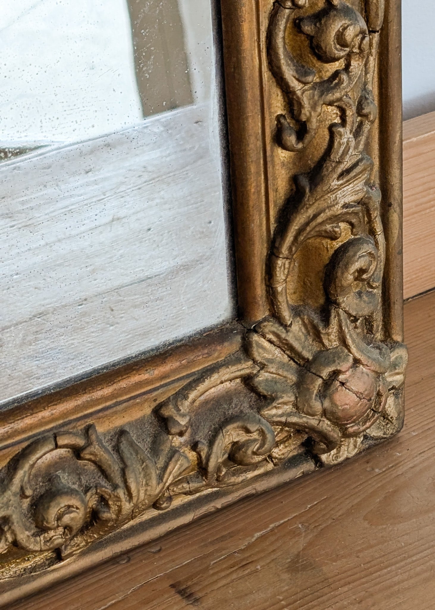 Large Antique Gilded Plaster and Wood Mirror with Wavy Glass