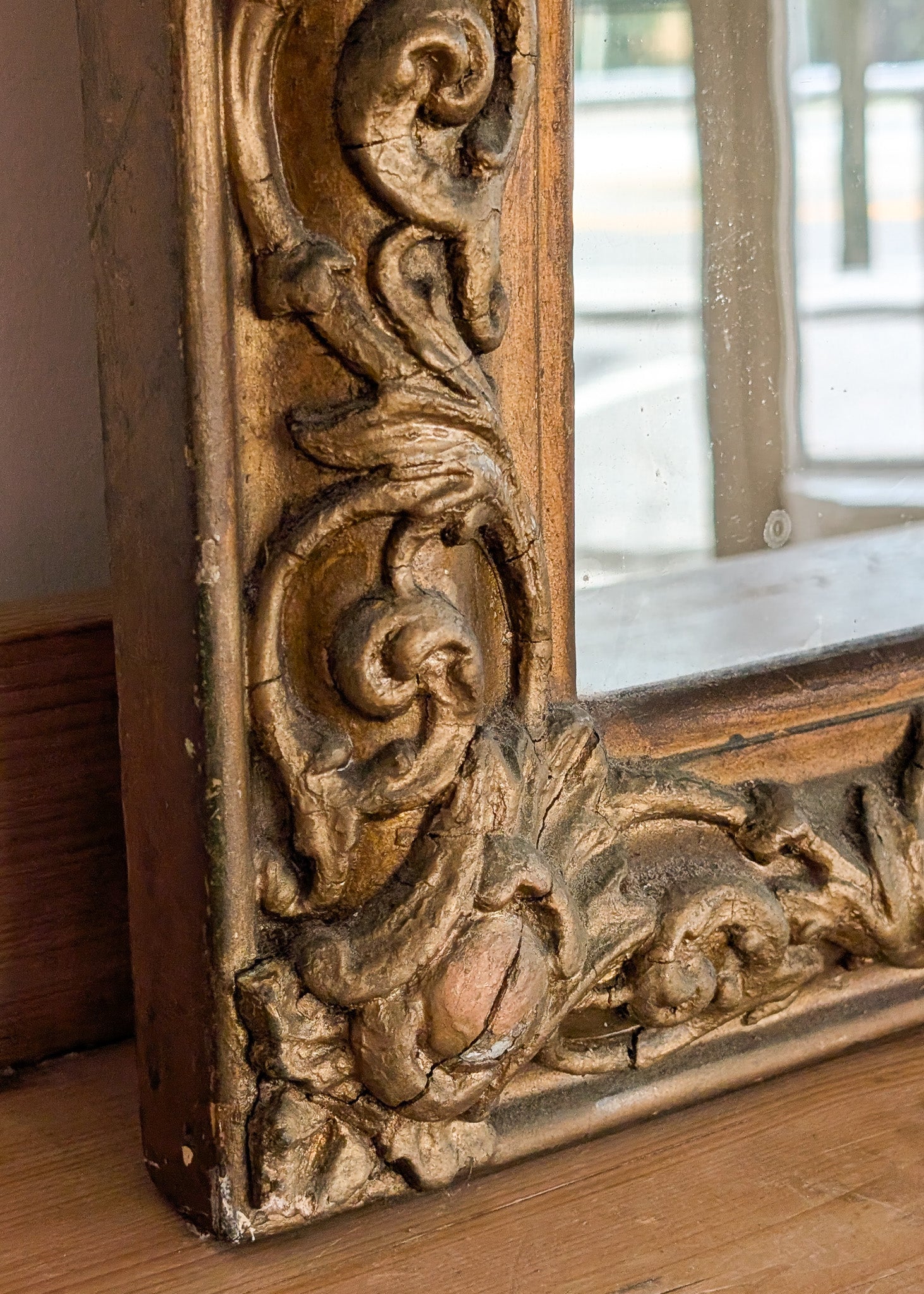 Large Antique Gilded Plaster and Wood Mirror with Wavy Glass