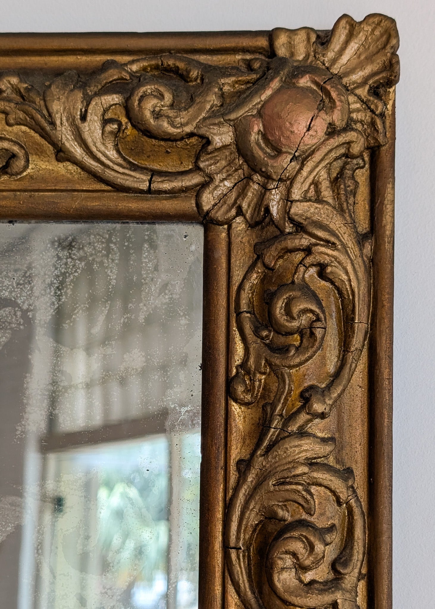 Large Antique Gilded Plaster and Wood Mirror with Wavy Glass