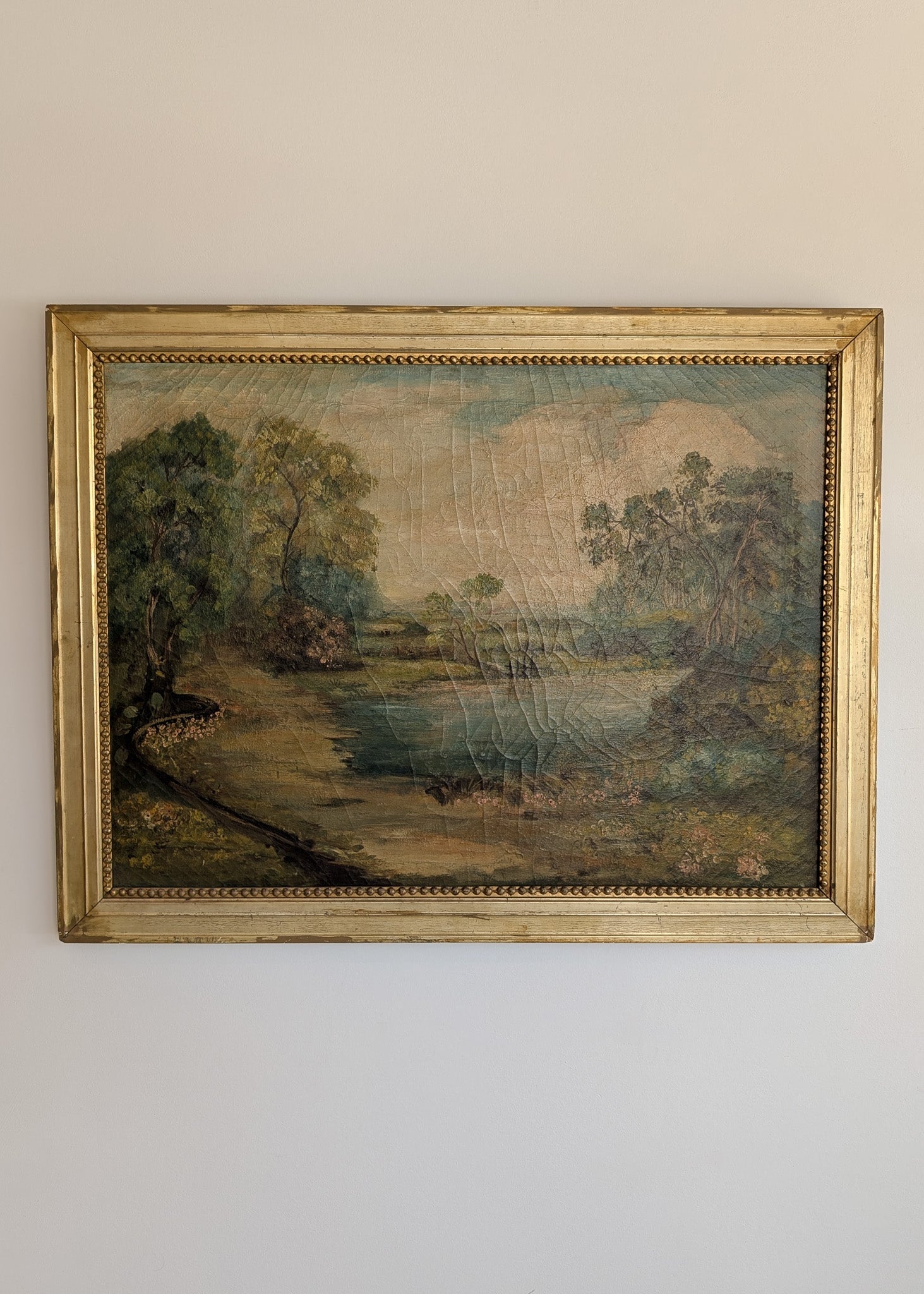 Large Antique Original Gilded Frame Dreamy Landscape Oil Painting with Beautiful Craquelure