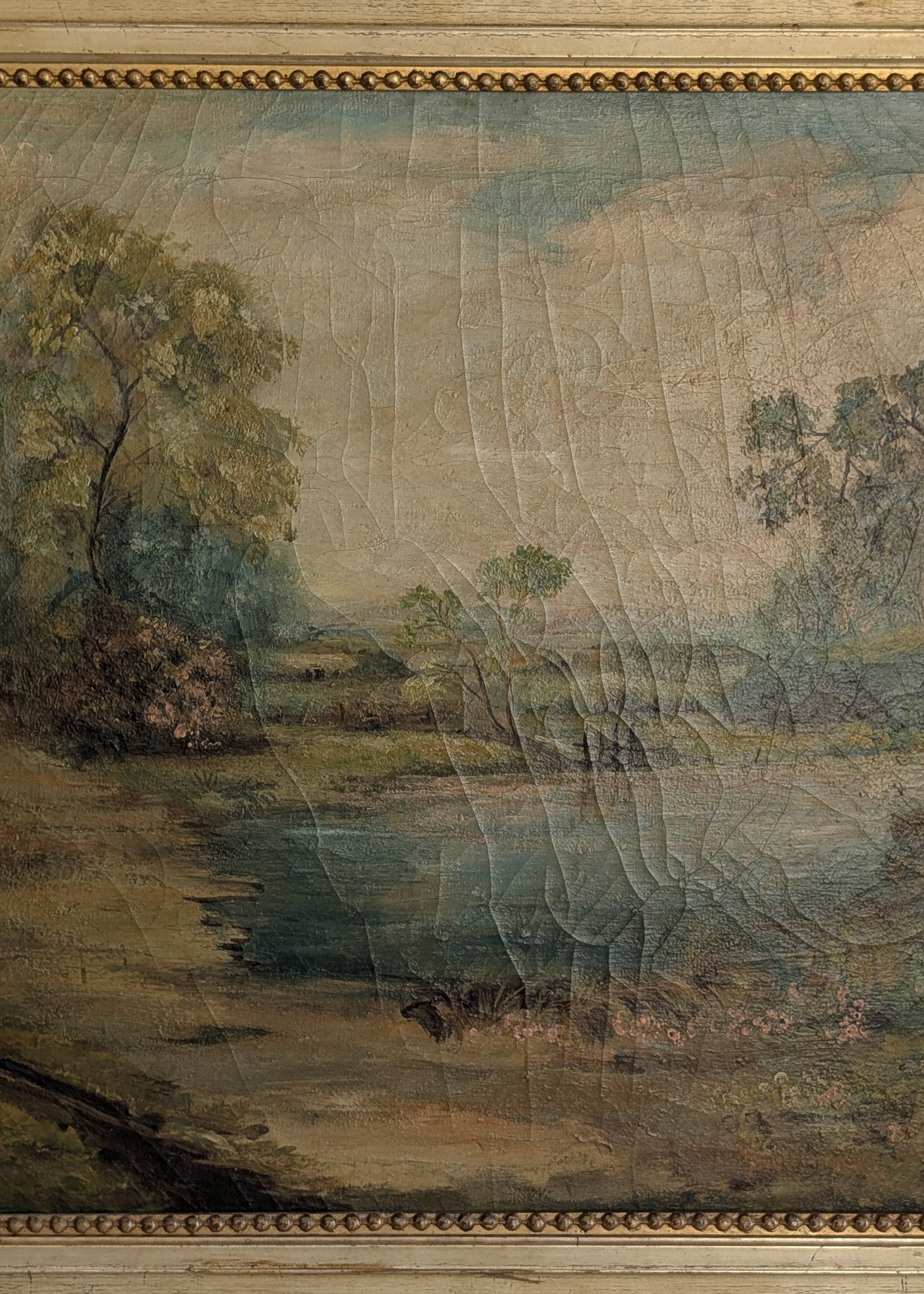 Large Antique Original Gilded Frame Dreamy Landscape Oil Painting with Beautiful Craquelure