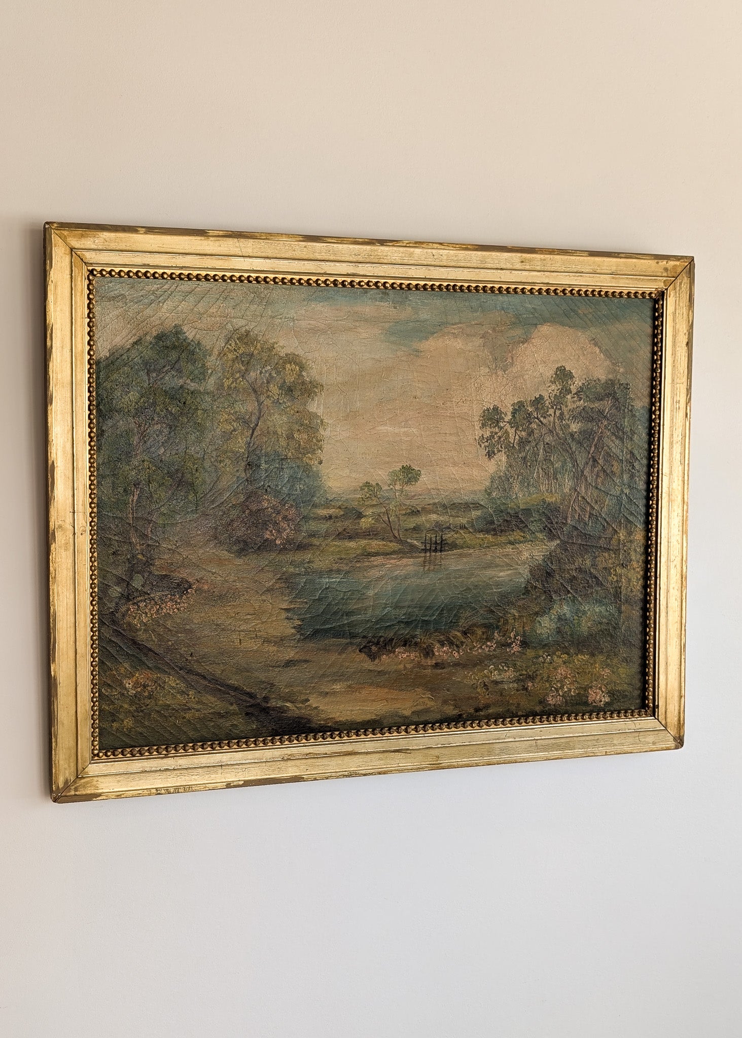 Large Antique Original Gilded Frame Dreamy Landscape Oil Painting with Beautiful Craquelure