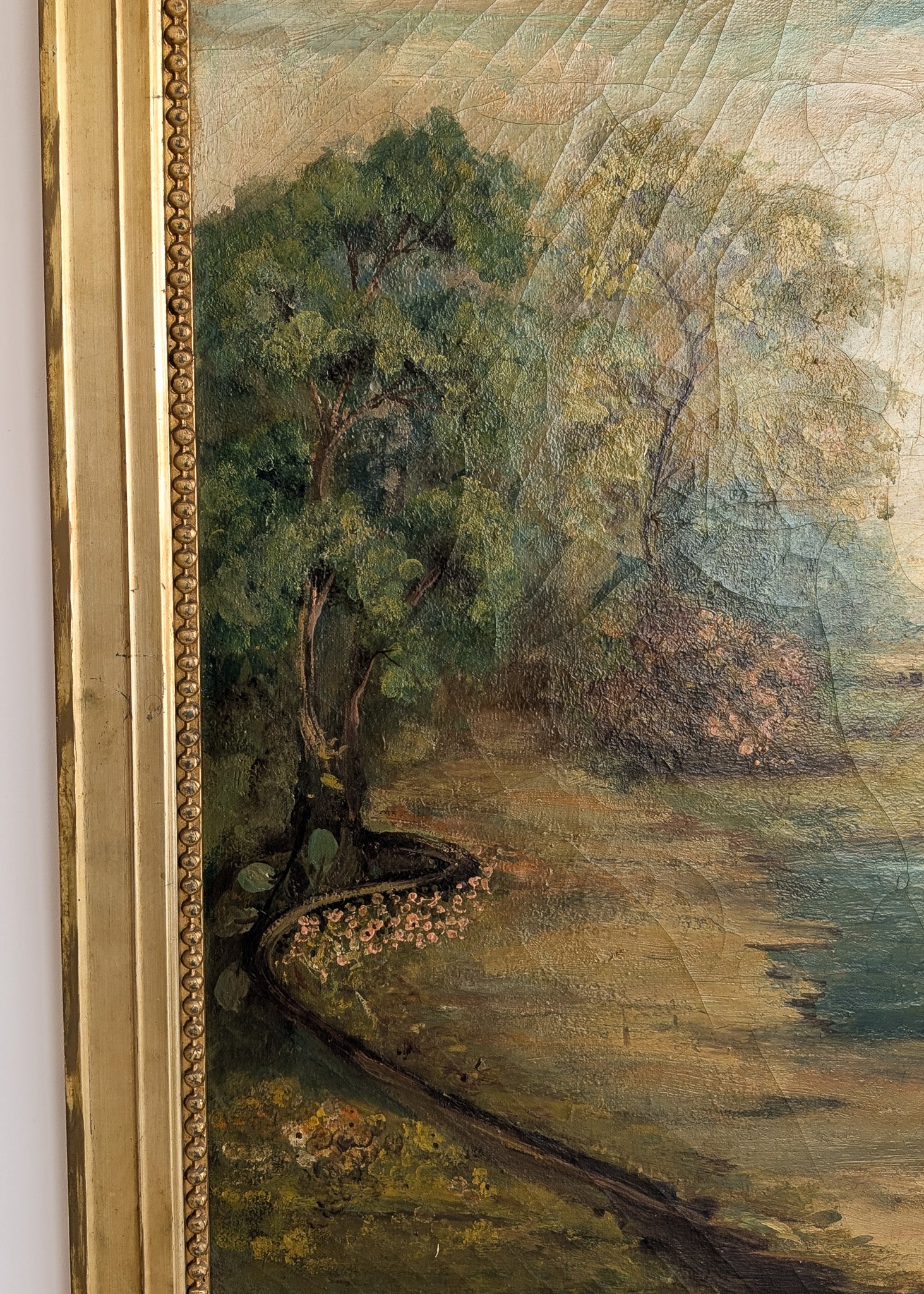 Large Antique Original Gilded Frame Dreamy Landscape Oil Painting with Beautiful Craquelure