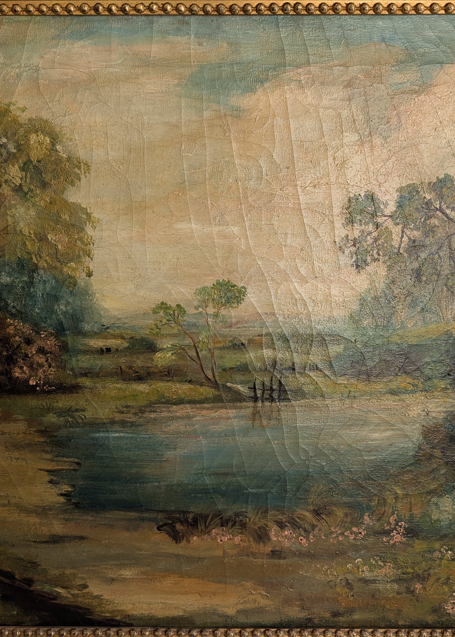 Large Antique Original Gilded Frame Dreamy Landscape Oil Painting with Beautiful Craquelure